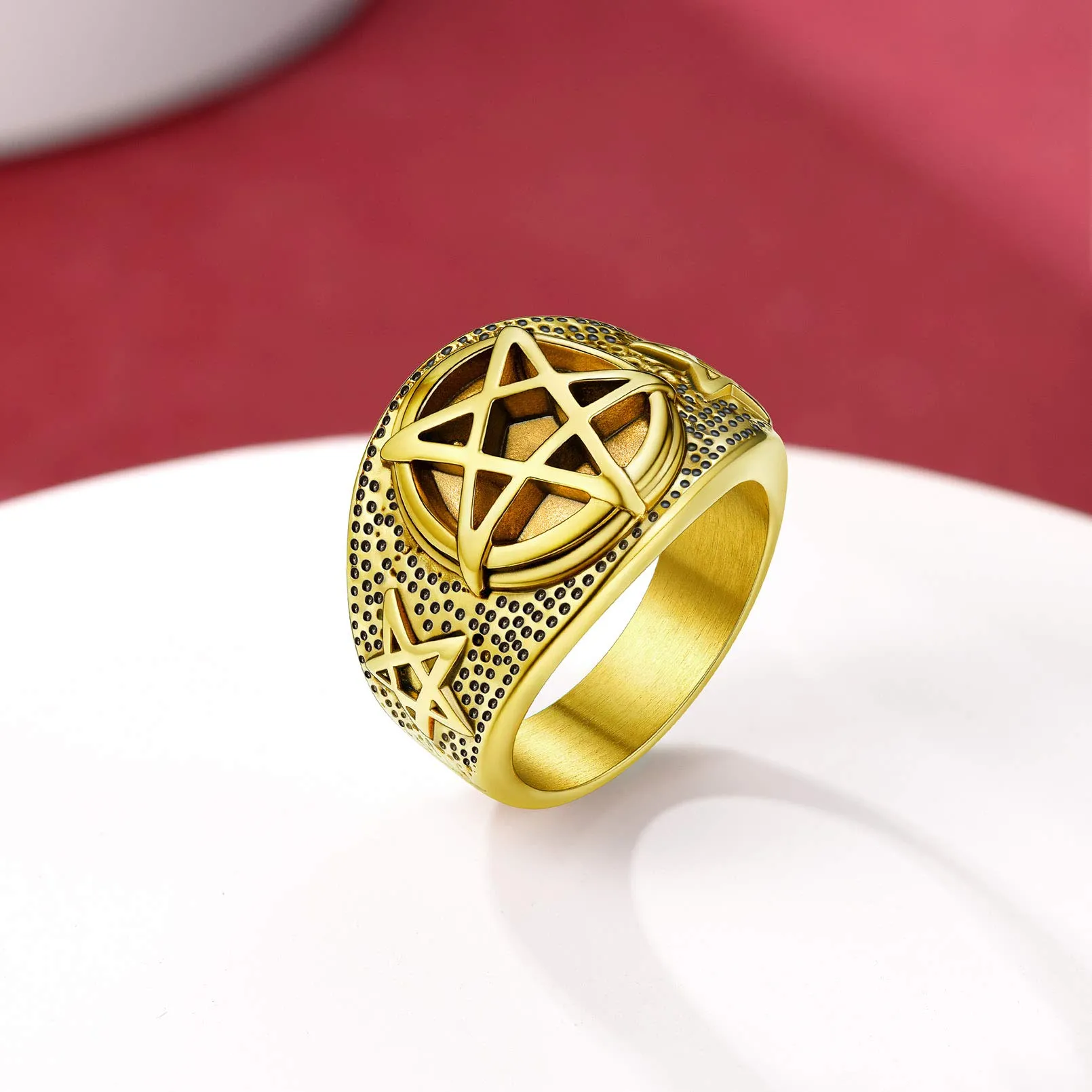 FaithHeart Anello Uomo Satana Pentagramma Pentacolo Invertito Capra Satanica 3D Rilievo Anello Argento Ner Oro Gotico Hiphop Punk Misura IT 14-32 Personalizzato Regalo Compleanno Coppie - immagine 4