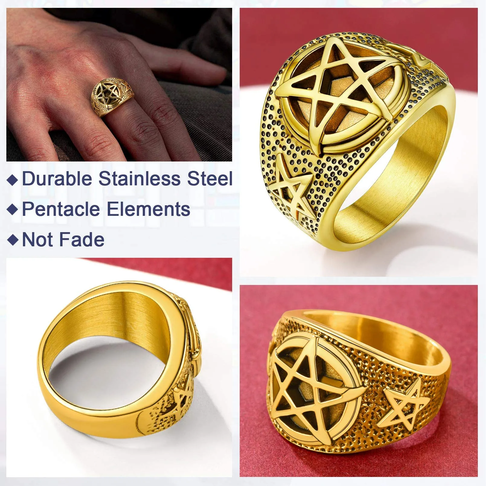 FaithHeart Anello Uomo Satana Pentagramma Pentacolo Invertito Capra Satanica 3D Rilievo Anello Argento Ner Oro Gotico Hiphop Punk Misura IT 14-32 Personalizzato Regalo Compleanno Coppie - immagine 7