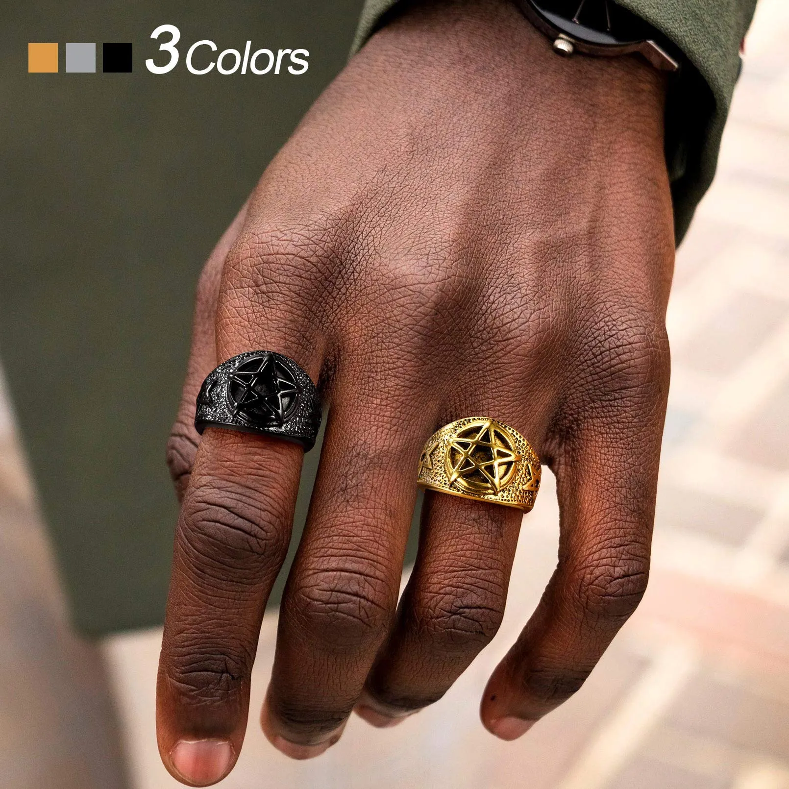 FaithHeart Anello Uomo Satana Pentagramma Pentacolo Invertito Capra Satanica 3D Rilievo Anello Argento Ner Oro Gotico Hiphop Punk Misura IT 14-32 Personalizzato Regalo Compleanno Coppie - immagine 3