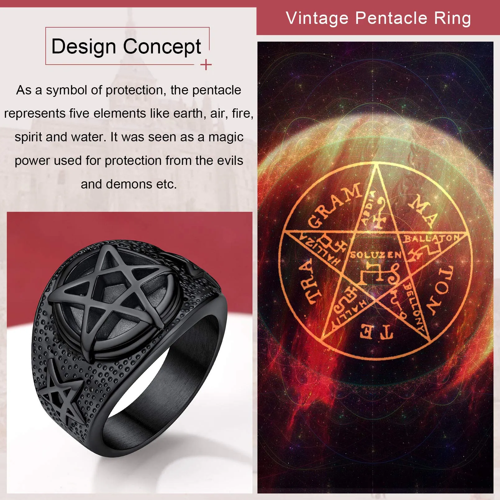 FaithHeart Anello Uomo Satana Pentagramma Pentacolo Invertito Capra Satanica 3D Rilievo Anello Argento Ner Oro Gotico Hiphop Punk Misura IT 14-32 Personalizzato Regalo Compleanno Coppie - immagine 4