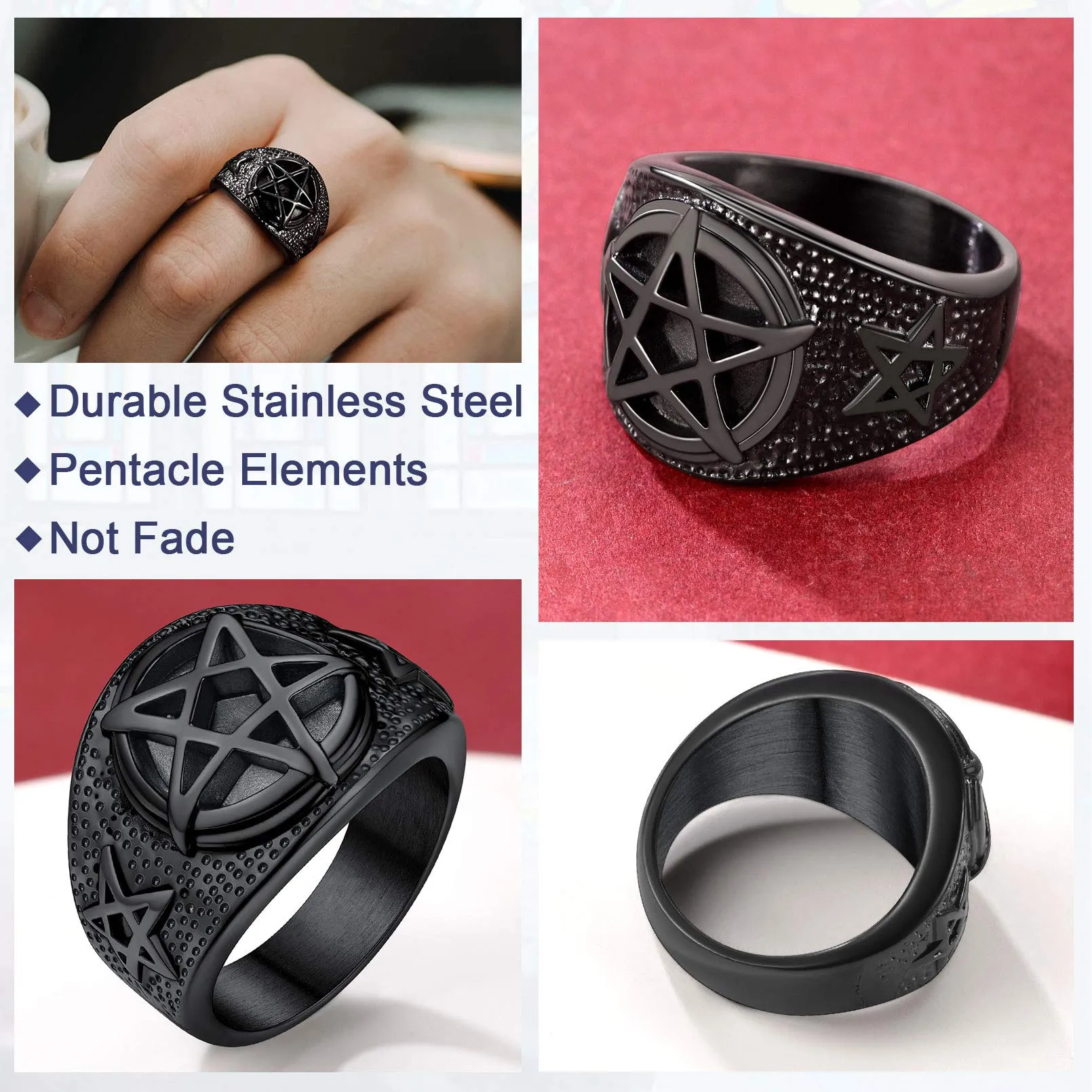 FaithHeart Anello Uomo Satana Pentagramma Pentacolo Invertito Capra Satanica 3D Rilievo Anello Argento Ner Oro Gotico Hiphop Punk Misura IT 14-32 Personalizzato Regalo Compleanno Coppie - immagine 4