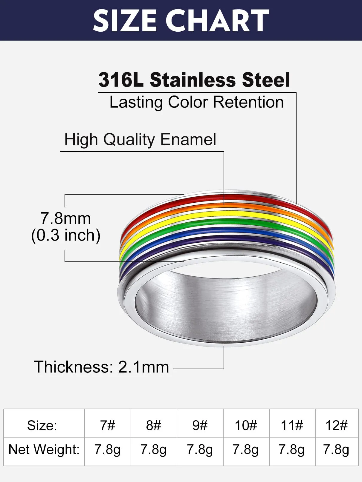 Bandmax LGBT Gay Pride Anello Uomo Arcobaleno Girevole, Argento Anelli Uomo in Acciaio Inossidabile, 24 Taglia Anello Personalizzato Gioielli Donna Uomo di Moda, Idee Regalo per Coppia Amici - immagine 6