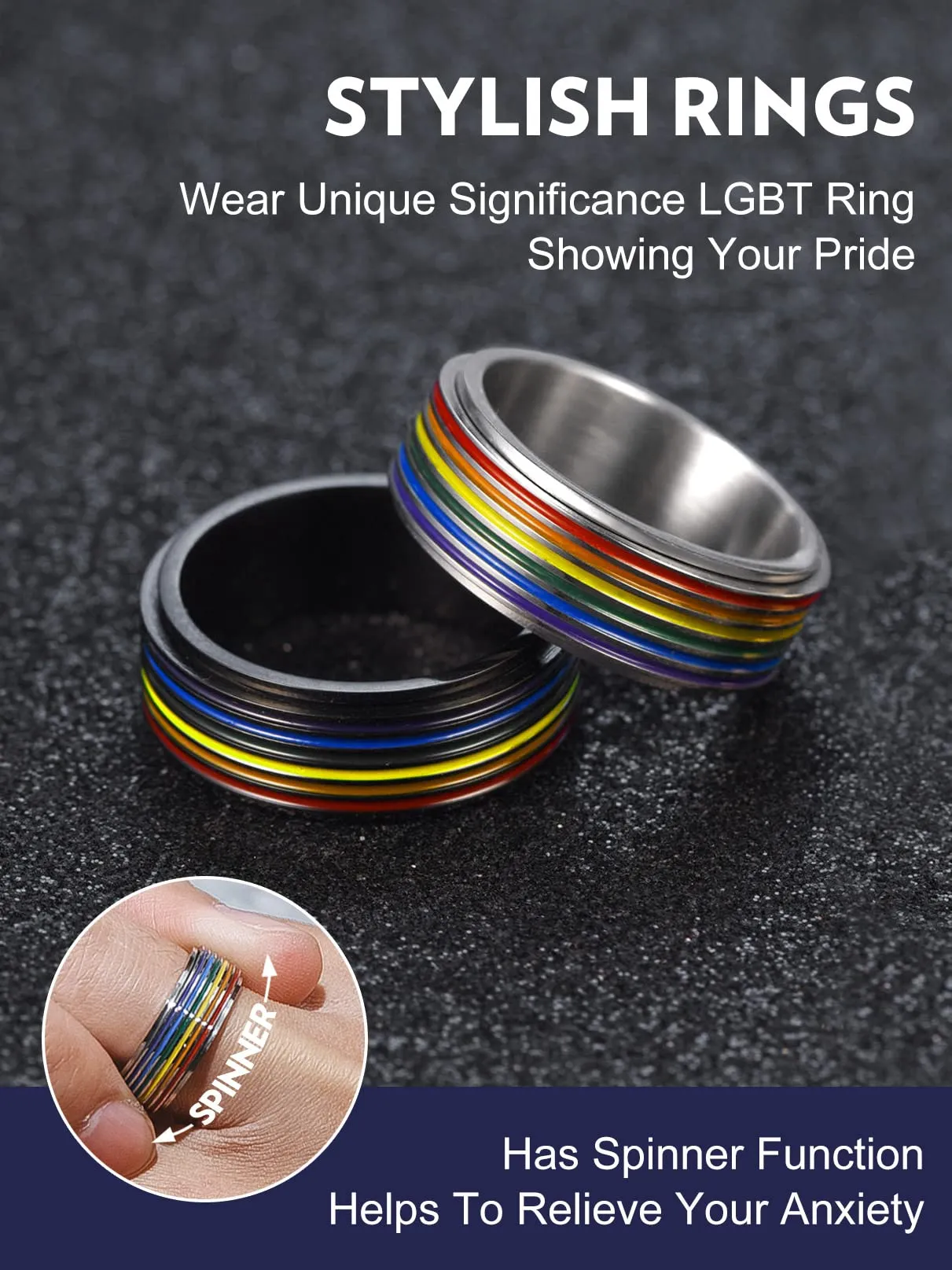 Bandmax LGBT Gay Pride Anello Uomo Arcobaleno Girevole, Argento Anelli Uomo in Acciaio Inossidabile, 24 Taglia Anello Personalizzato Gioielli Donna Uomo di Moda, Idee Regalo per Coppia Amici - immagine 8