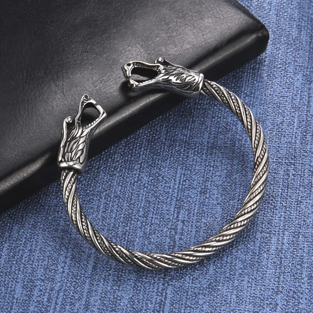 Amaxer Vichingo Nordic Fenrir Teste di Lupo Odino Corvo Corvo Drago Bracciale in Acciaio Inossidabile Aperto Bracciale Forte Amuleto Gioielli di Protezione per Uomo Donna (Lupo-Argento) - immagine 2