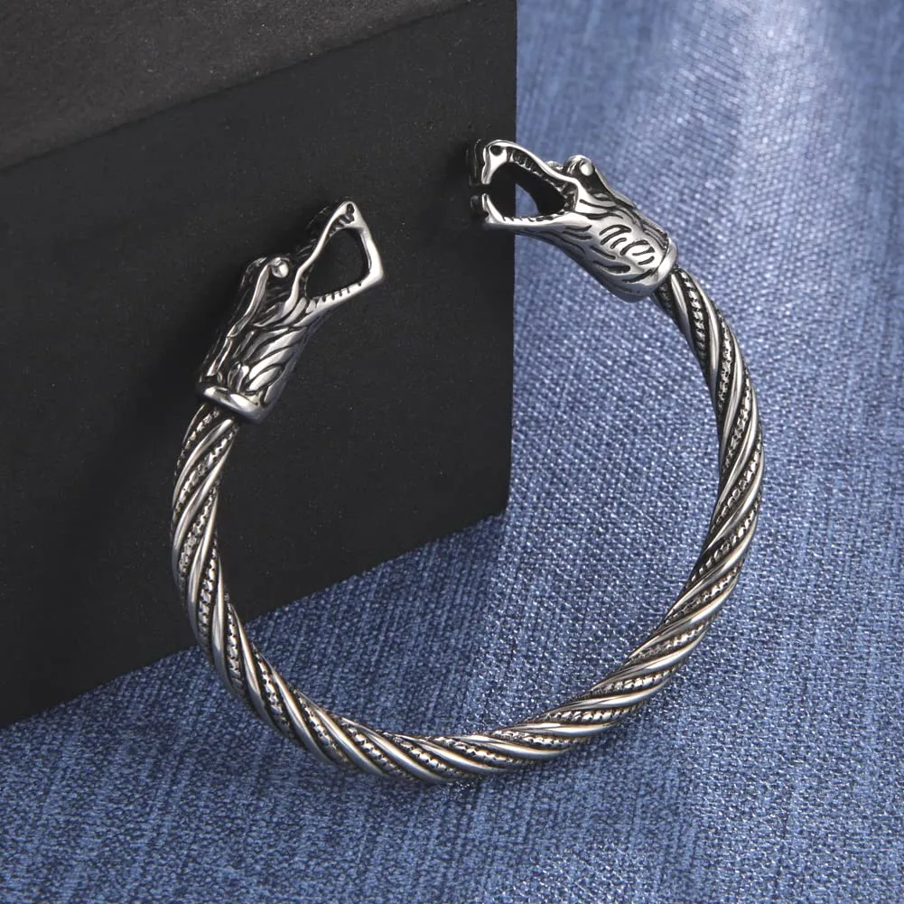 Amaxer Vichingo Nordic Fenrir Teste di Lupo Odino Corvo Corvo Drago Bracciale in Acciaio Inossidabile Aperto Bracciale Forte Amuleto Gioielli di Protezione per Uomo Donna (Lupo-Argento) - immagine 3