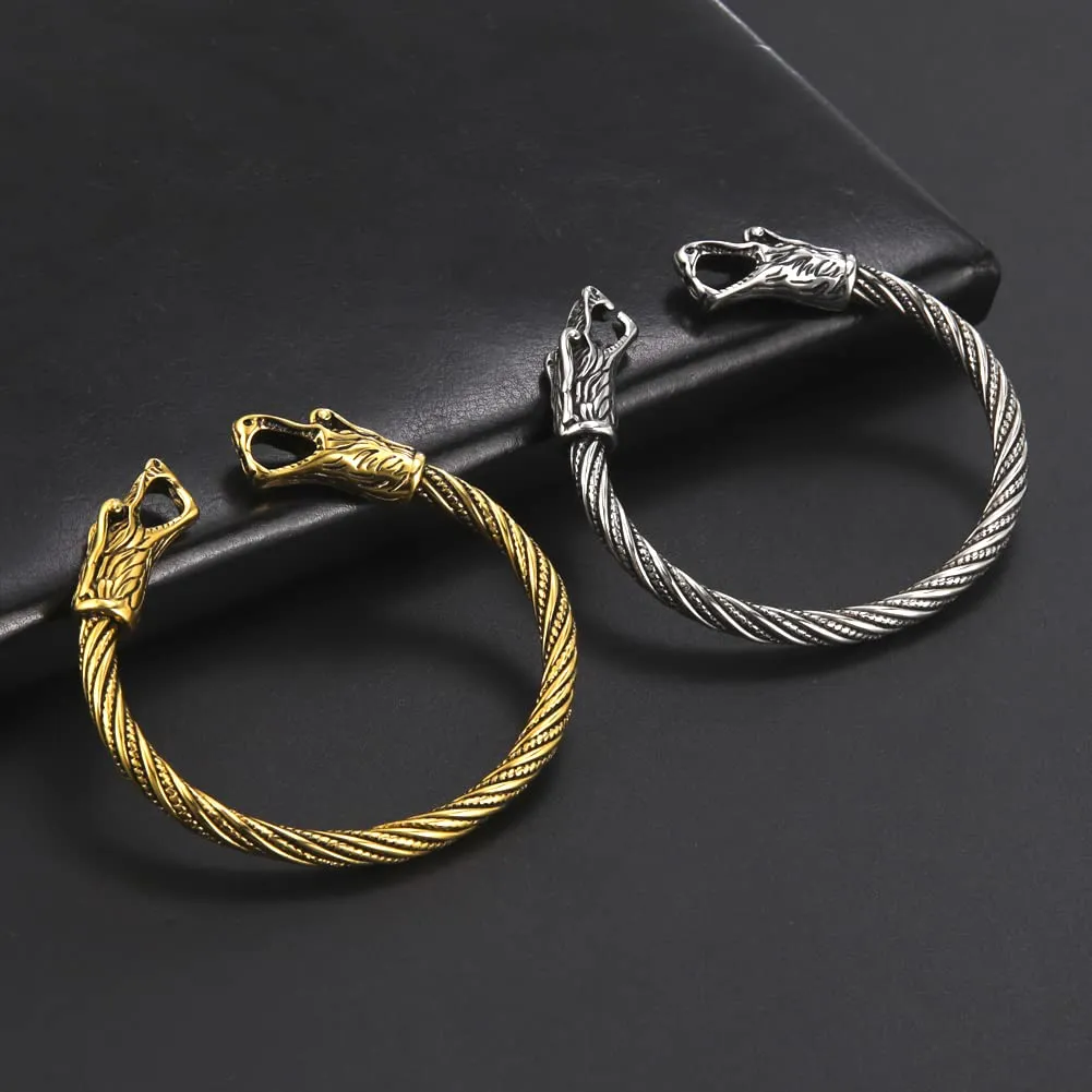Amaxer Vichingo Nordic Fenrir Teste di Lupo Odino Corvo Corvo Drago Bracciale in Acciaio Inossidabile Aperto Bracciale Forte Amuleto Gioielli di Protezione per Uomo Donna (Lupo-Argento) - immagine 5