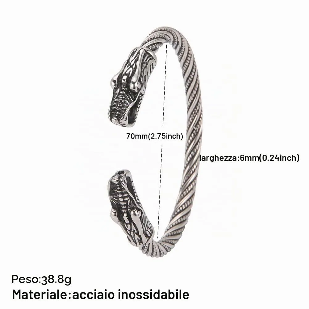 Amaxer Vichingo Nordic Fenrir Teste di Lupo Odino Corvo Corvo Drago Bracciale in Acciaio Inossidabile Aperto Bracciale Forte Amuleto Gioielli di Protezione per Uomo Donna (Lupo-Argento) - immagine 6