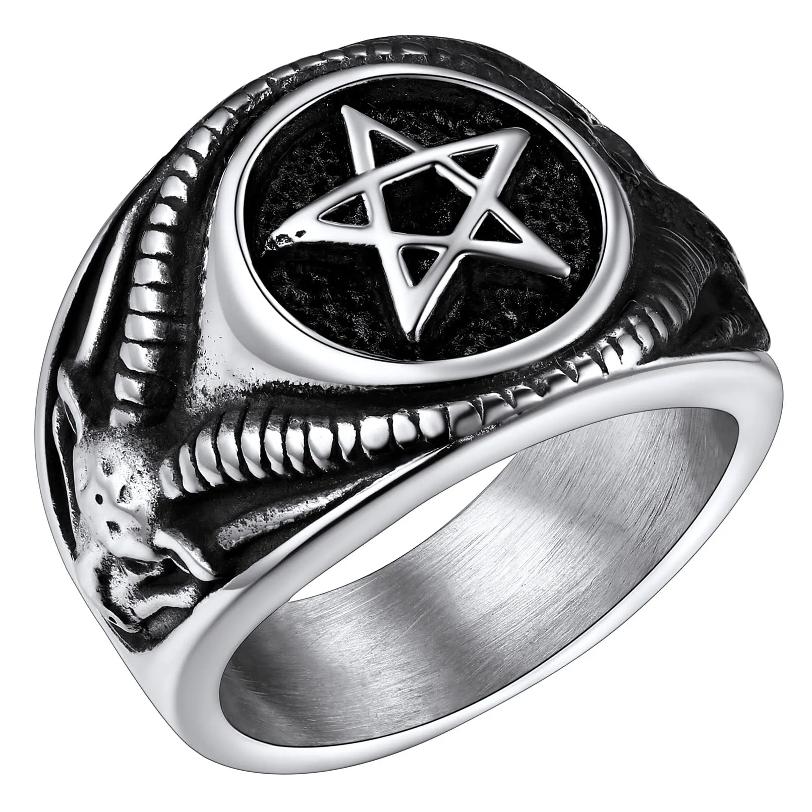 FaithHeart Anello Uomo Satana Pentagramma Pentacolo Invertito Capra Satanica 3D Rilievo Anello Argento Ner Oro Gotico Hiphop Punk Misura IT 14-32 Personalizzato Regalo Compleanno Coppie - immagine 1