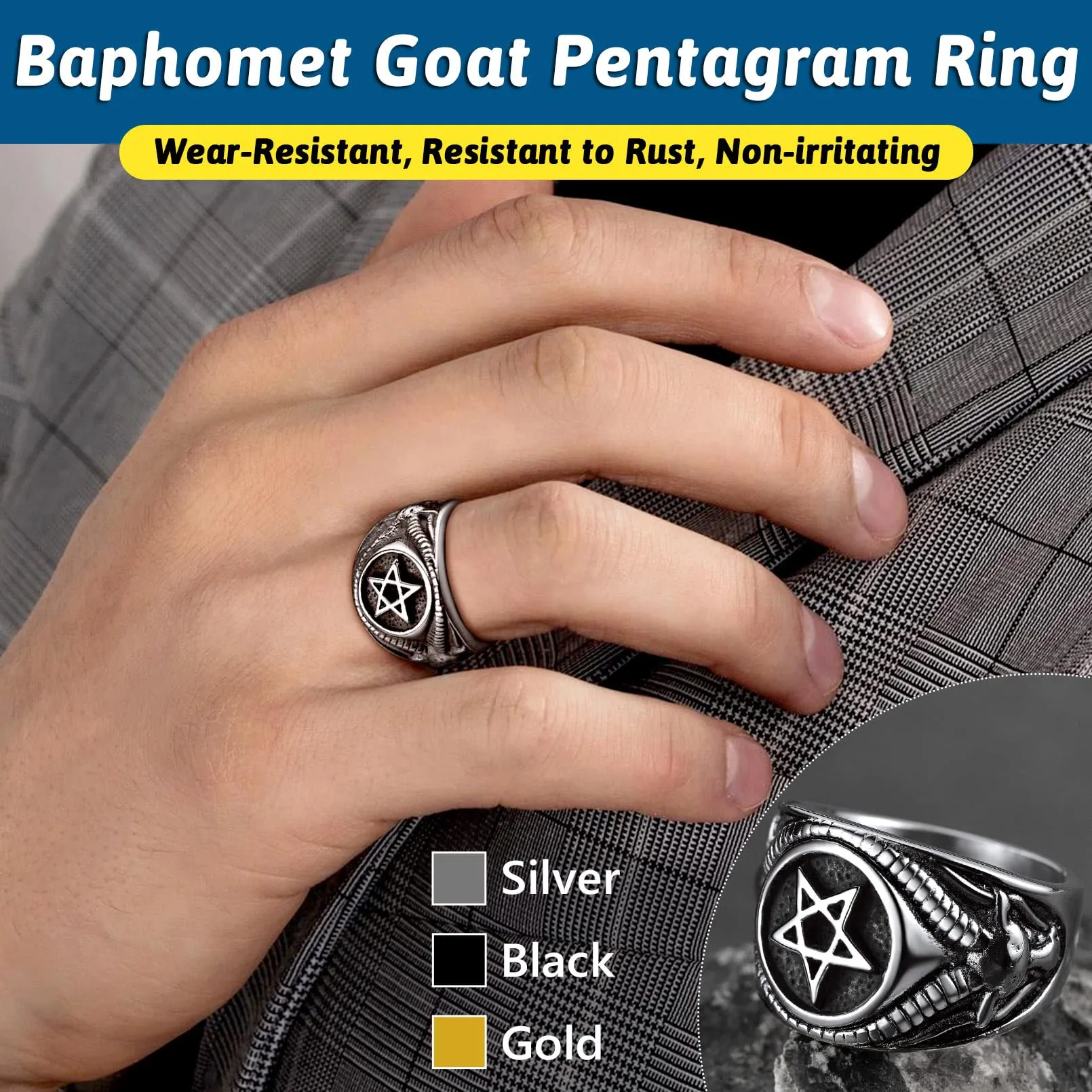 FaithHeart Anello Uomo Satana Pentagramma Pentacolo Invertito Capra Satanica 3D Rilievo Anello Argento Ner Oro Gotico Hiphop Punk Misura IT 14-32 Personalizzato Regalo Compleanno Coppie - immagine 2