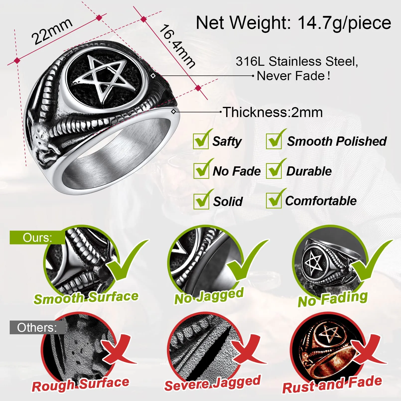 FaithHeart Anello Uomo Satana Pentagramma Pentacolo Invertito Capra Satanica 3D Rilievo Anello Argento Ner Oro Gotico Hiphop Punk Misura IT 14-32 Personalizzato Regalo Compleanno Coppie - immagine 3