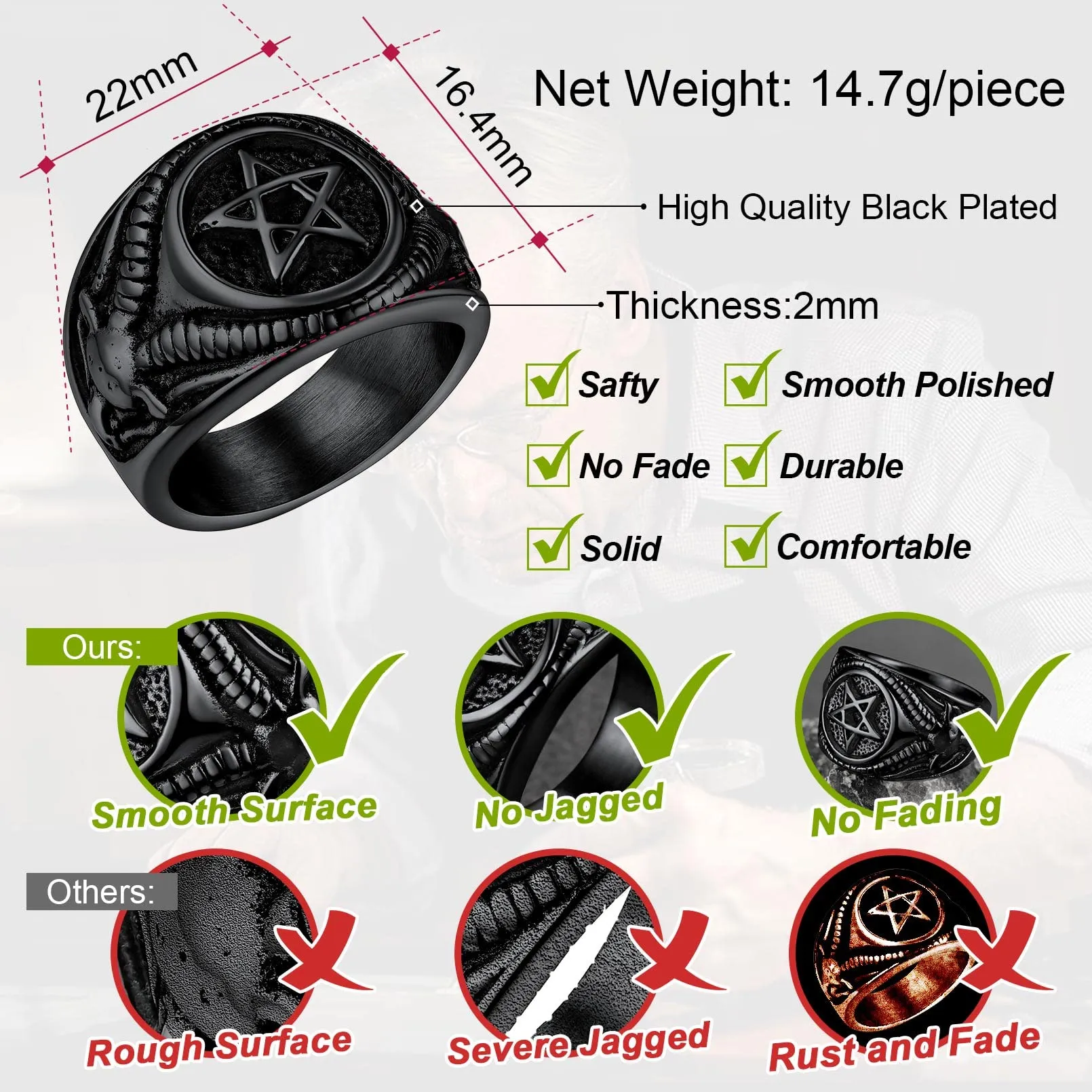FaithHeart Anello Uomo Satana Pentagramma Pentacolo Invertito Capra Satanica 3D Rilievo Anello Argento Ner Oro Gotico Hiphop Punk Misura IT 14-32 Personalizzato Regalo Compleanno Coppie - immagine 3