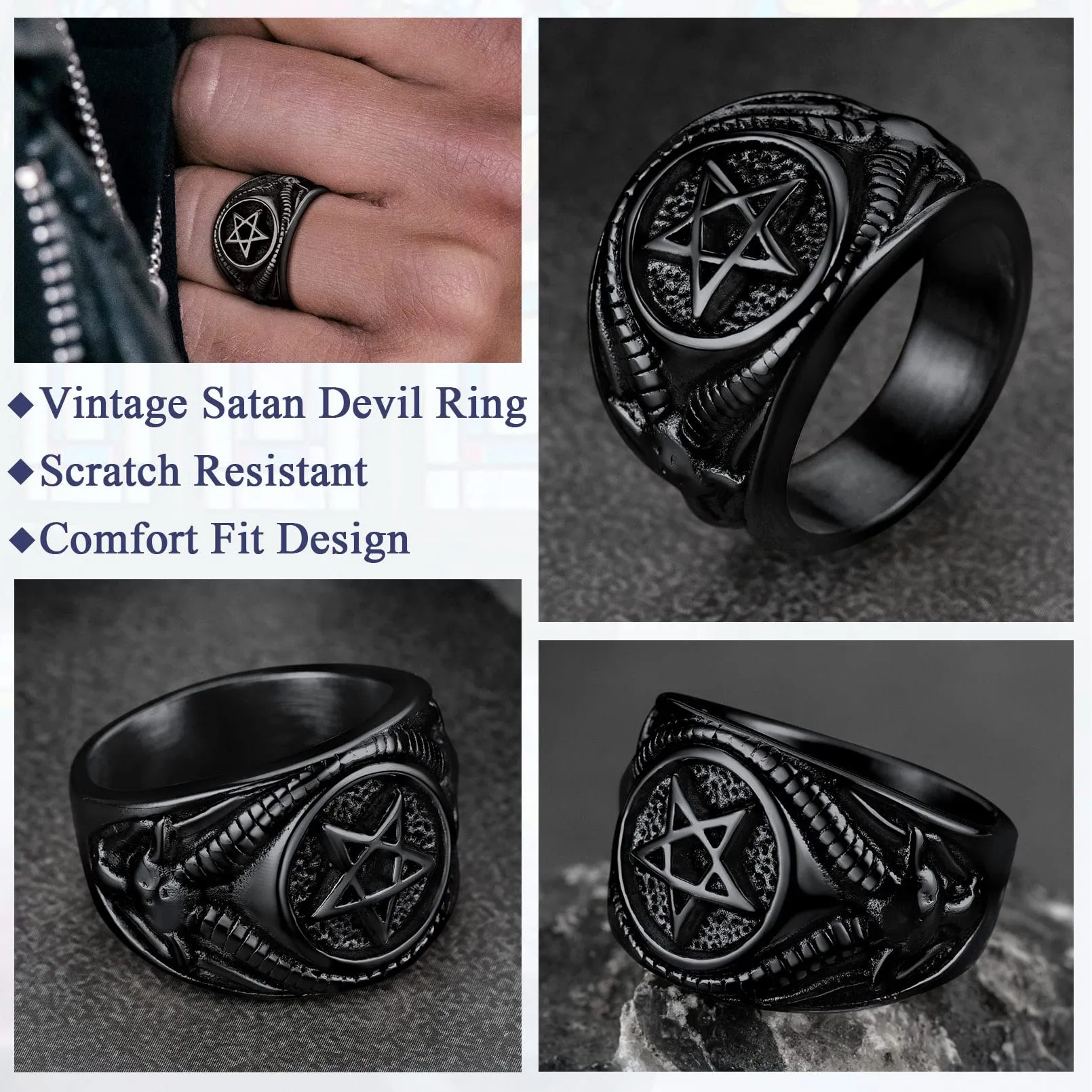 FaithHeart Anello Uomo Satana Pentagramma Pentacolo Invertito Capra Satanica 3D Rilievo Anello Argento Ner Oro Gotico Hiphop Punk Misura IT 14-32 Personalizzato Regalo Compleanno Coppie - immagine 5