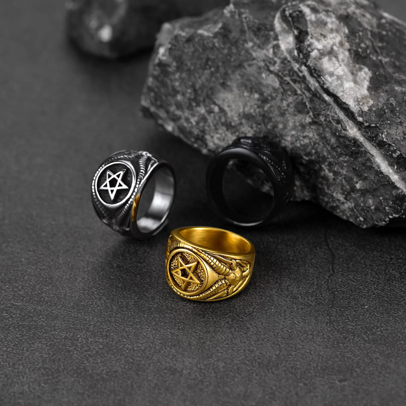 FaithHeart Anello Uomo Satana Pentagramma Pentacolo Invertito Capra Satanica 3D Rilievo Anello Argento Ner Oro Gotico Hiphop Punk Misura IT 14-32 Personalizzato Regalo Compleanno Coppie - immagine 7