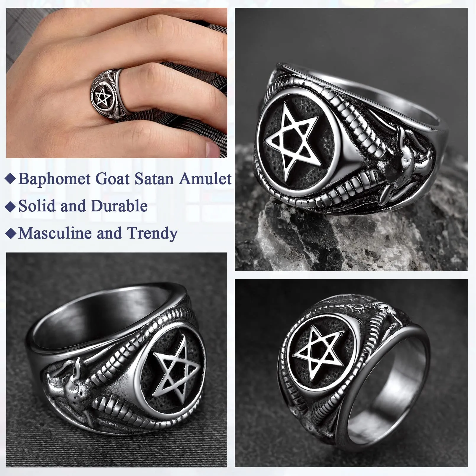 FaithHeart Anello Uomo Satana Pentagramma Pentacolo Invertito Capra Satanica 3D Rilievo Anello Argento Ner Oro Gotico Hiphop Punk Misura IT 14-32 Personalizzato Regalo Compleanno Coppie - immagine 5