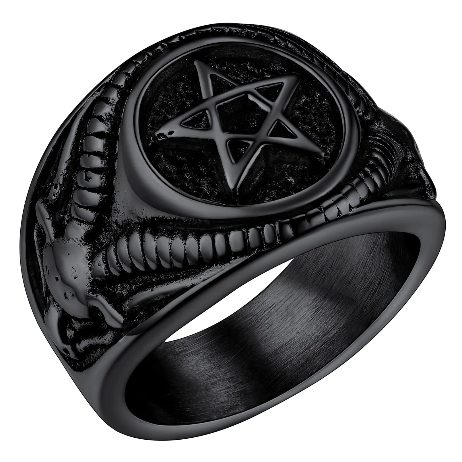 FaithHeart Anello Uomo Satana Pentagramma Pentacolo Invertito Capra Satanica 3D Rilievo Anello Argento Ner Oro Gotico Hiphop Punk Misura IT 14-32 Personalizzato Regalo Compleanno Coppie - immagine 1