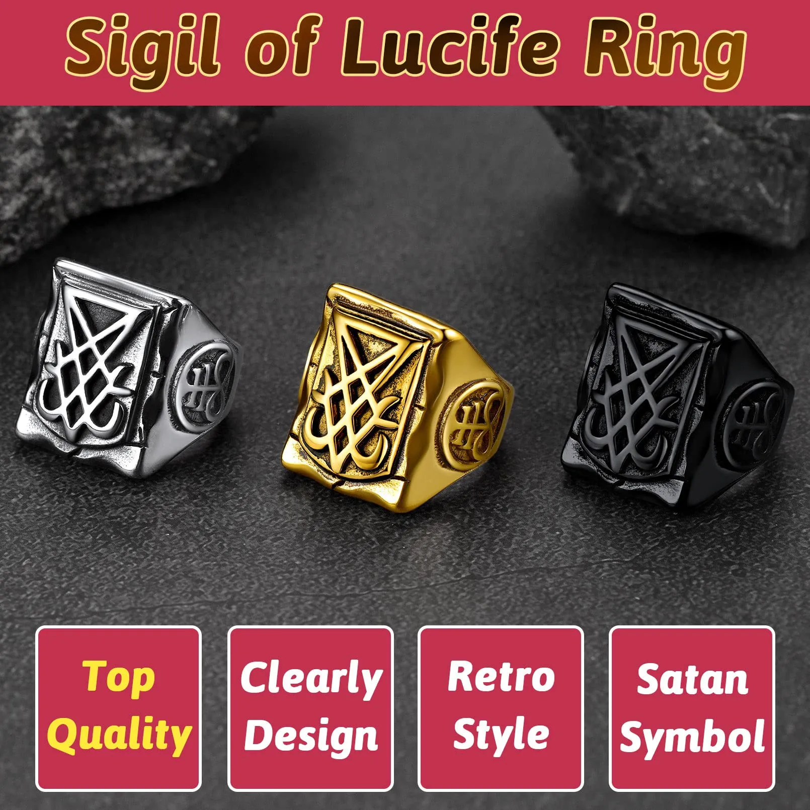 FaithHeart Anello Uomo Sigillo di Lucifero Anello Quadrato Demone Diavolo Anello di Satana Personalizzabile Misura IT 14-32 Vintage Gotico Hiphop Rapper Regalo Creativo Compleanno - immagine 6