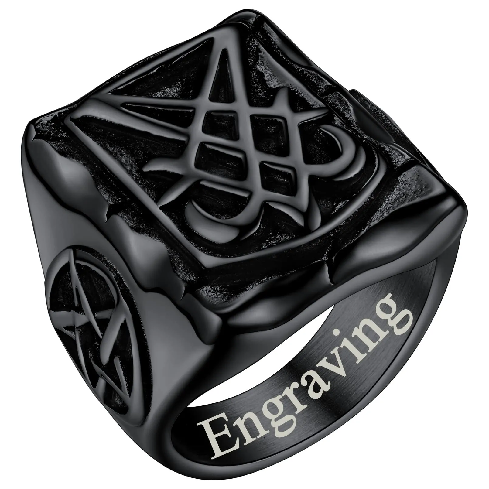 FaithHeart Anello Uomo Sigillo di Lucifero Anello Quadrato Demone Diavolo Anello di Satana Personalizzabile Misura IT 14-32 Vintage Gotico Hiphop Rapper Regalo Creativo Compleanno - immagine 1
