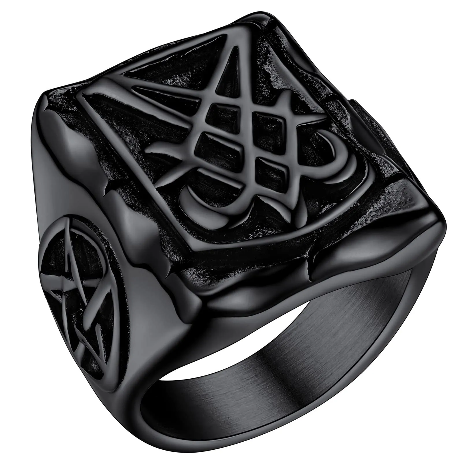FaithHeart Anello Uomo Sigillo di Lucifero Anello Quadrato Demone Diavolo Anello di Satana Personalizzabile Misura IT 14-32 Vintage Gotico Hiphop Rapper Regalo Creativo Compleanno - immagine 1