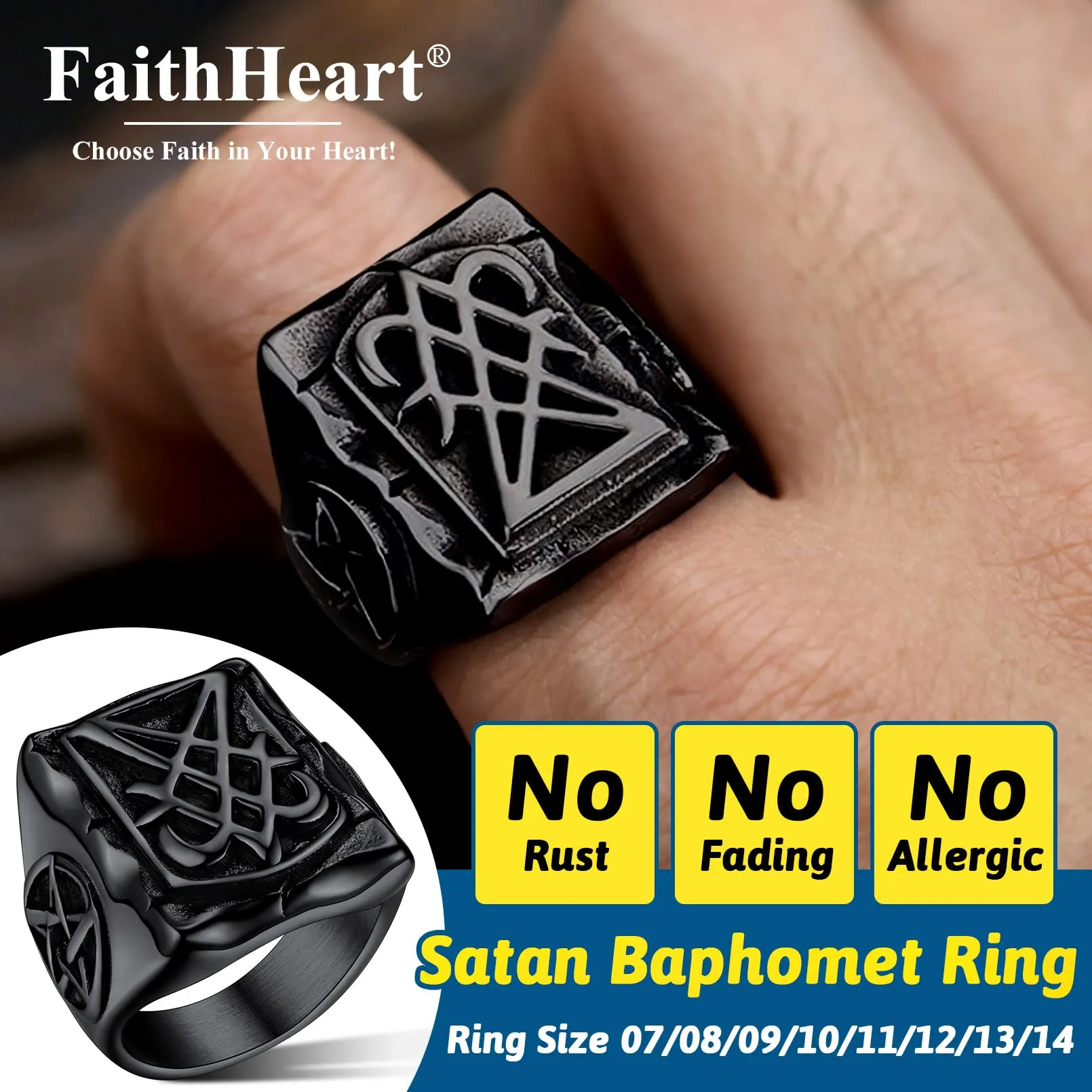 FaithHeart Anello Uomo Sigillo di Lucifero Anello Quadrato Demone Diavolo Anello di Satana Personalizzabile Misura IT 14-32 Vintage Gotico Hiphop Rapper Regalo Creativo Compleanno - immagine 2