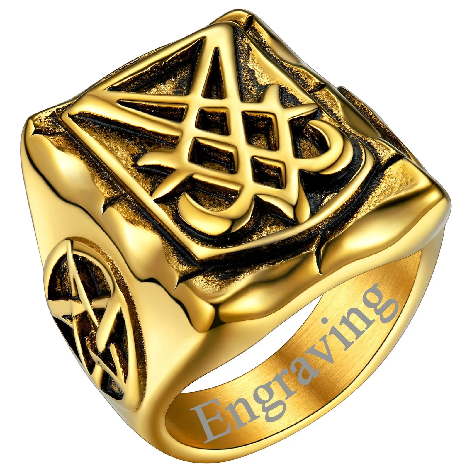 FaithHeart Anello Uomo Sigillo di Lucifero Anello Quadrato Demone Diavolo Anello di Satana Personalizzabile Misura IT 14-32 Vintage Gotico Hiphop Rapper Regalo Creativo Compleanno - immagine 1