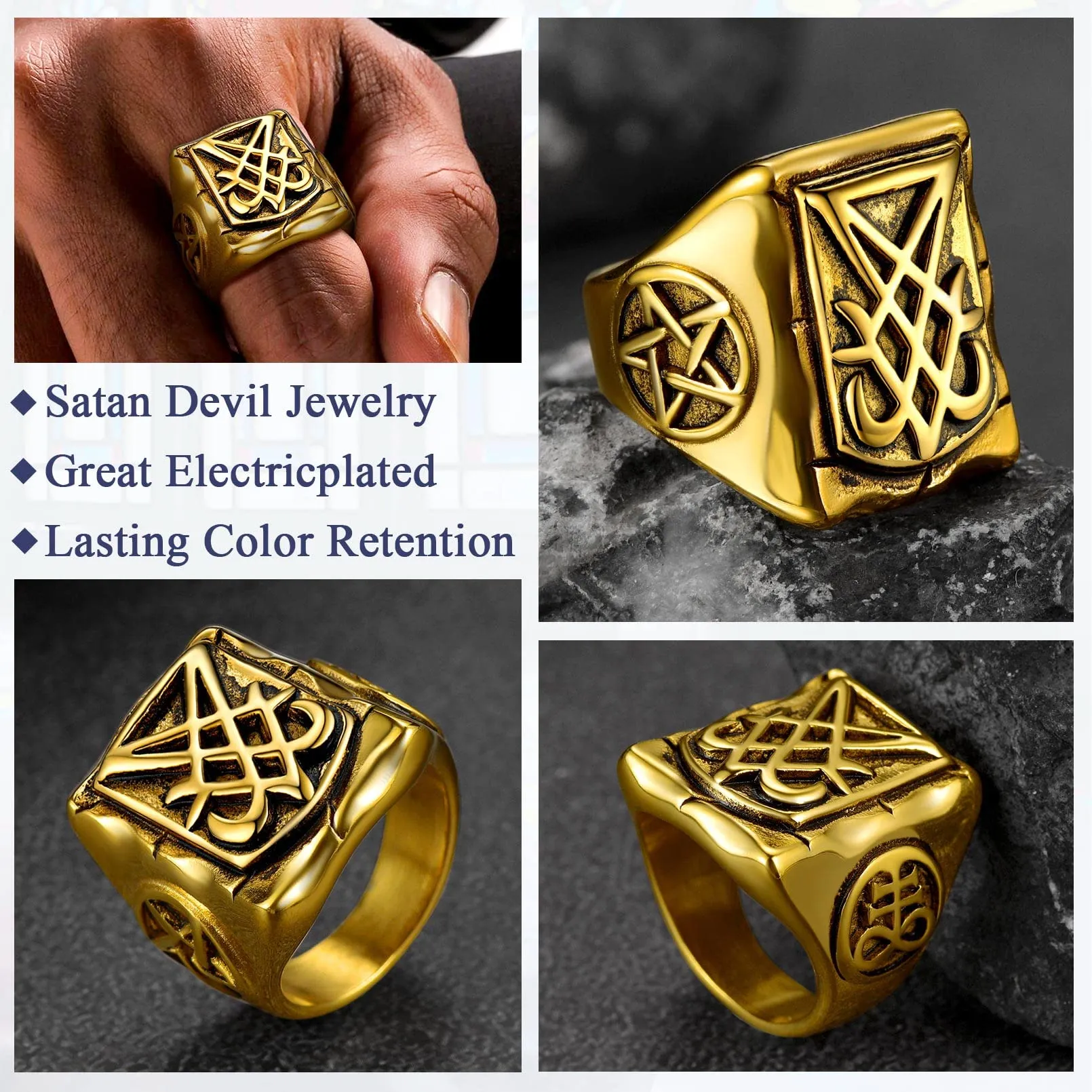 FaithHeart Anello Uomo Sigillo di Lucifero Anello Quadrato Demone Diavolo Anello di Satana Personalizzabile Misura IT 14-32 Vintage Gotico Hiphop Rapper Regalo Creativo Compleanno - immagine 3