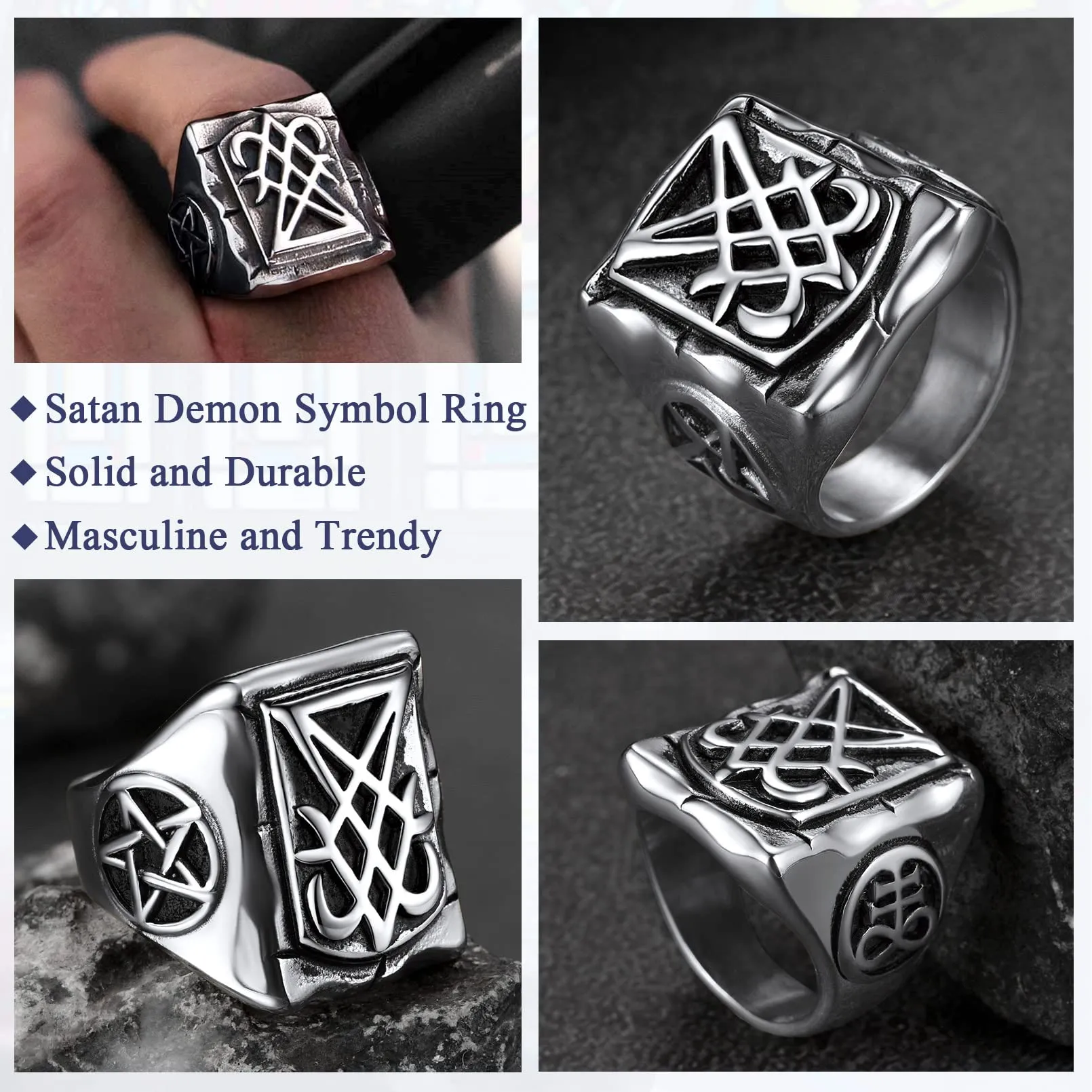FaithHeart Anello Uomo Sigillo di Lucifero Anello Quadrato Demone Diavolo Anello di Satana Personalizzabile Misura IT 14-32 Vintage Gotico Hiphop Rapper Regalo Creativo Compleanno - immagine 2
