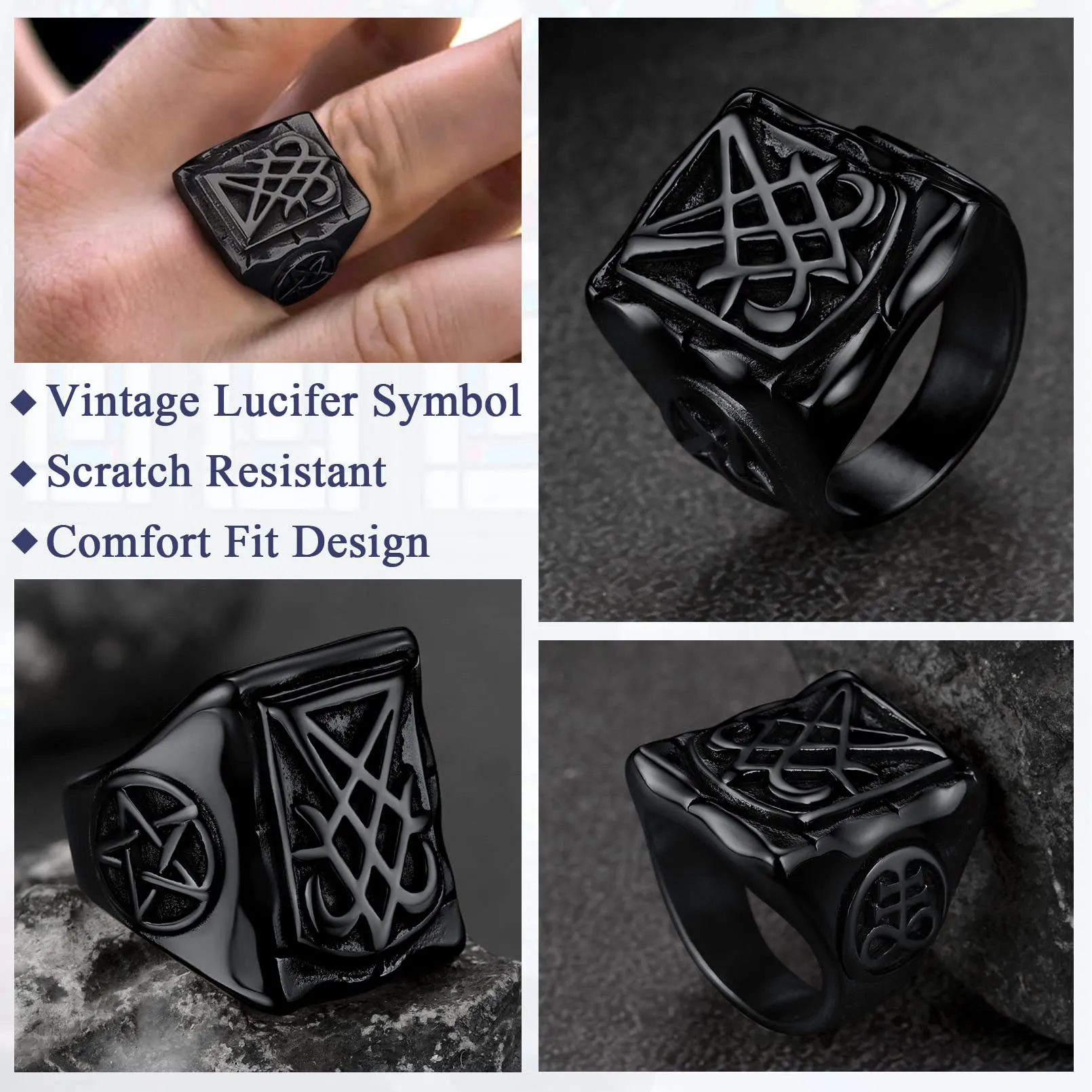 FaithHeart Anello Uomo Sigillo di Lucifero Anello Quadrato Demone Diavolo Anello di Satana Personalizzabile Misura IT 14-32 Vintage Gotico Hiphop Rapper Regalo Creativo Compleanno - immagine 4