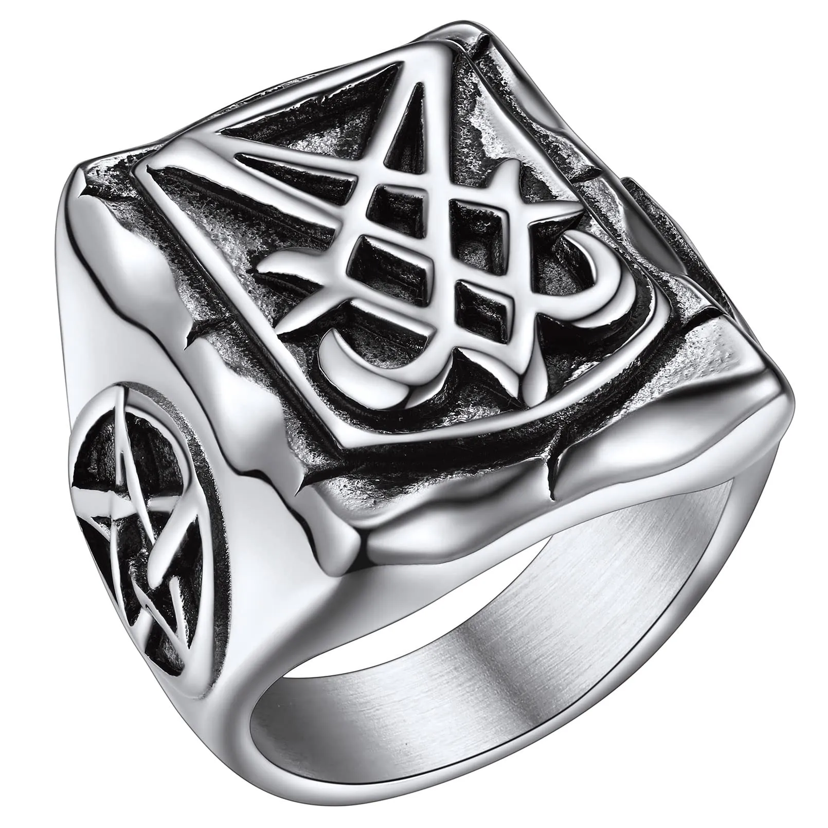 FaithHeart Anello Uomo Sigillo di Lucifero Anello Quadrato Demone Diavolo Anello di Satana Personalizzabile Misura IT 14-32 Vintage Gotico Hiphop Rapper Regalo Creativo Compleanno - immagine 1