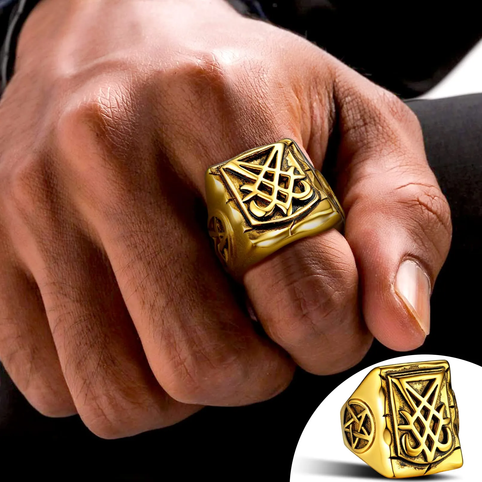 FaithHeart Anello Uomo Sigillo di Lucifero Anello Quadrato Demone Diavolo Anello di Satana Personalizzabile Misura IT 14-32 Vintage Gotico Hiphop Rapper Regalo Creativo Compleanno - immagine 2
