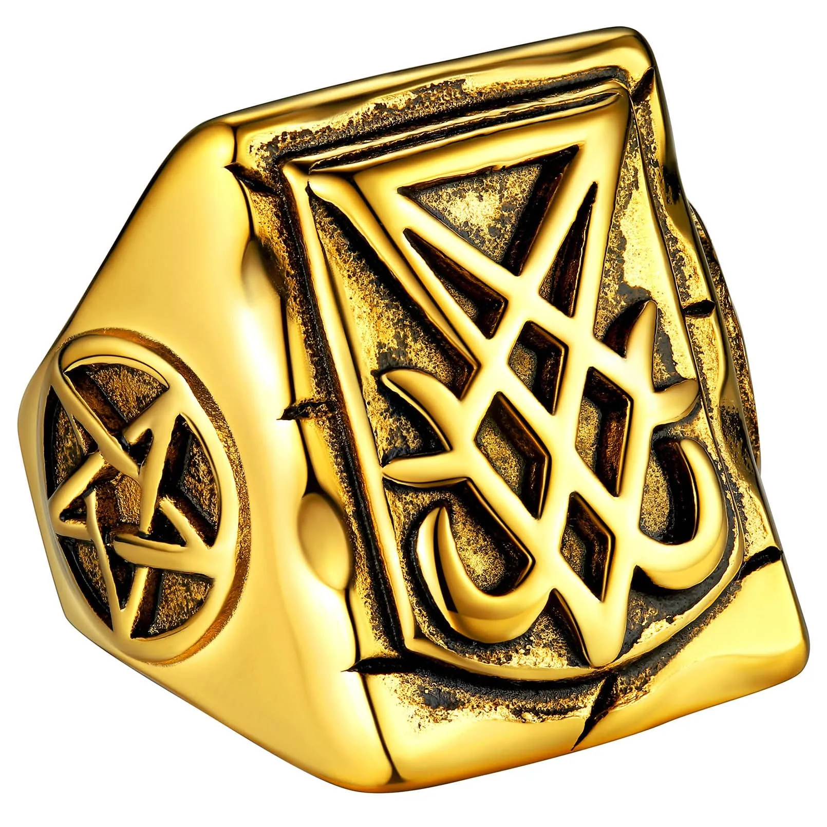 FaithHeart Anello Uomo Sigillo di Lucifero Anello Quadrato Demone Diavolo Anello di Satana Personalizzabile Misura IT 14-32 Vintage Gotico Hiphop Rapper Regalo Creativo Compleanno - immagine 1