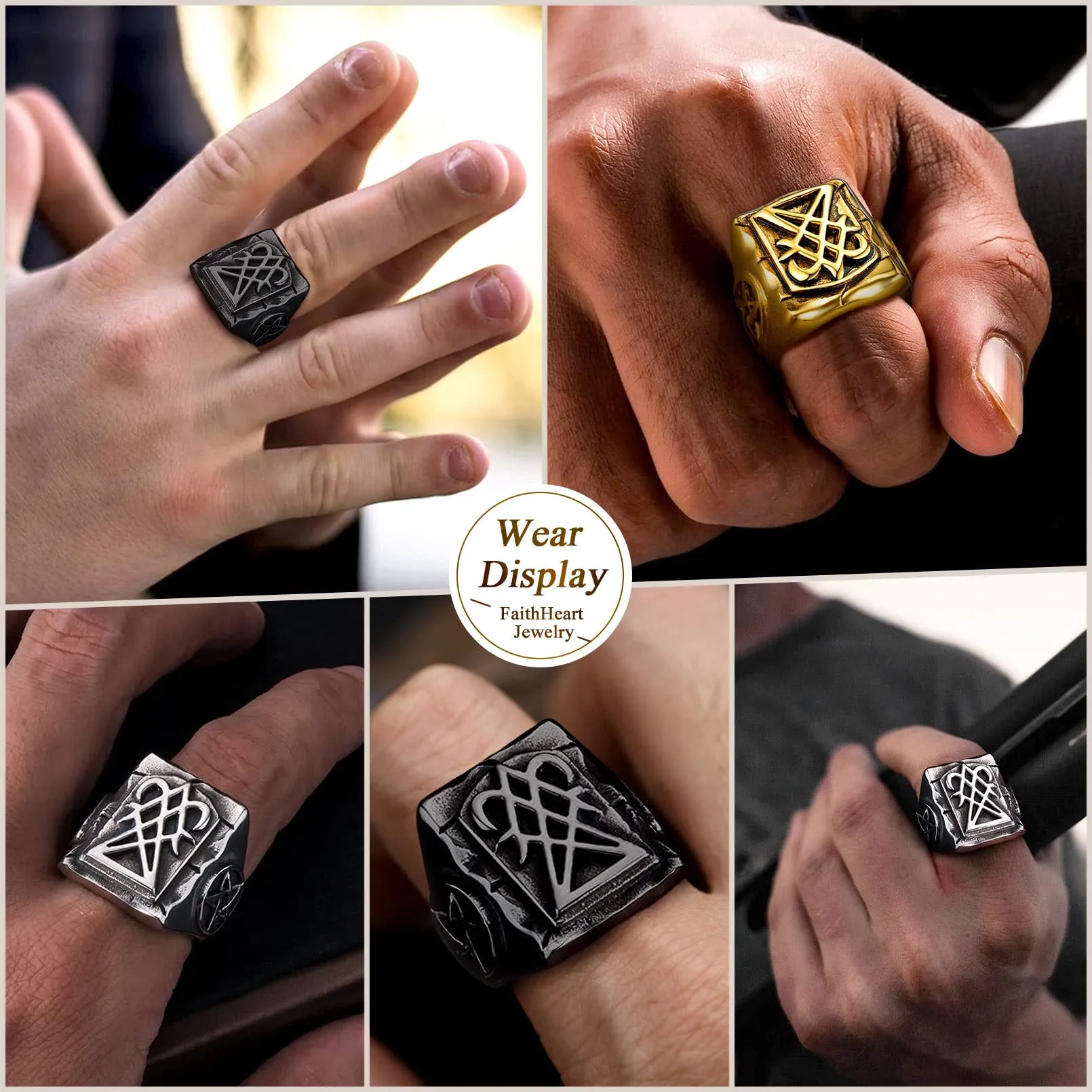 FaithHeart Anello Uomo Sigillo di Lucifero Anello Quadrato Demone Diavolo Anello di Satana Personalizzabile Misura IT 14-32 Vintage Gotico Hiphop Rapper Regalo Creativo Compleanno - immagine 2