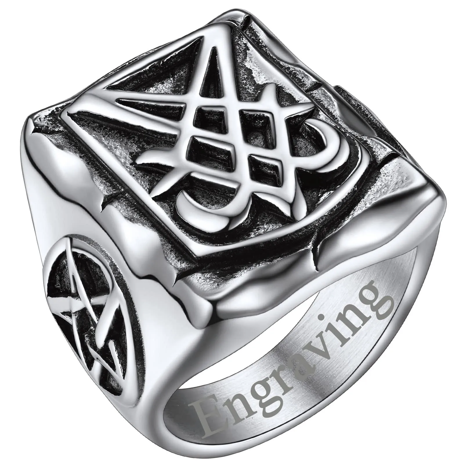 FaithHeart Anello Uomo Sigillo di Lucifero Anello Quadrato Demone Diavolo Anello di Satana Personalizzabile Misura IT 14-32 Vintage Gotico Hiphop Rapper Regalo Creativo Compleanno - immagine 1