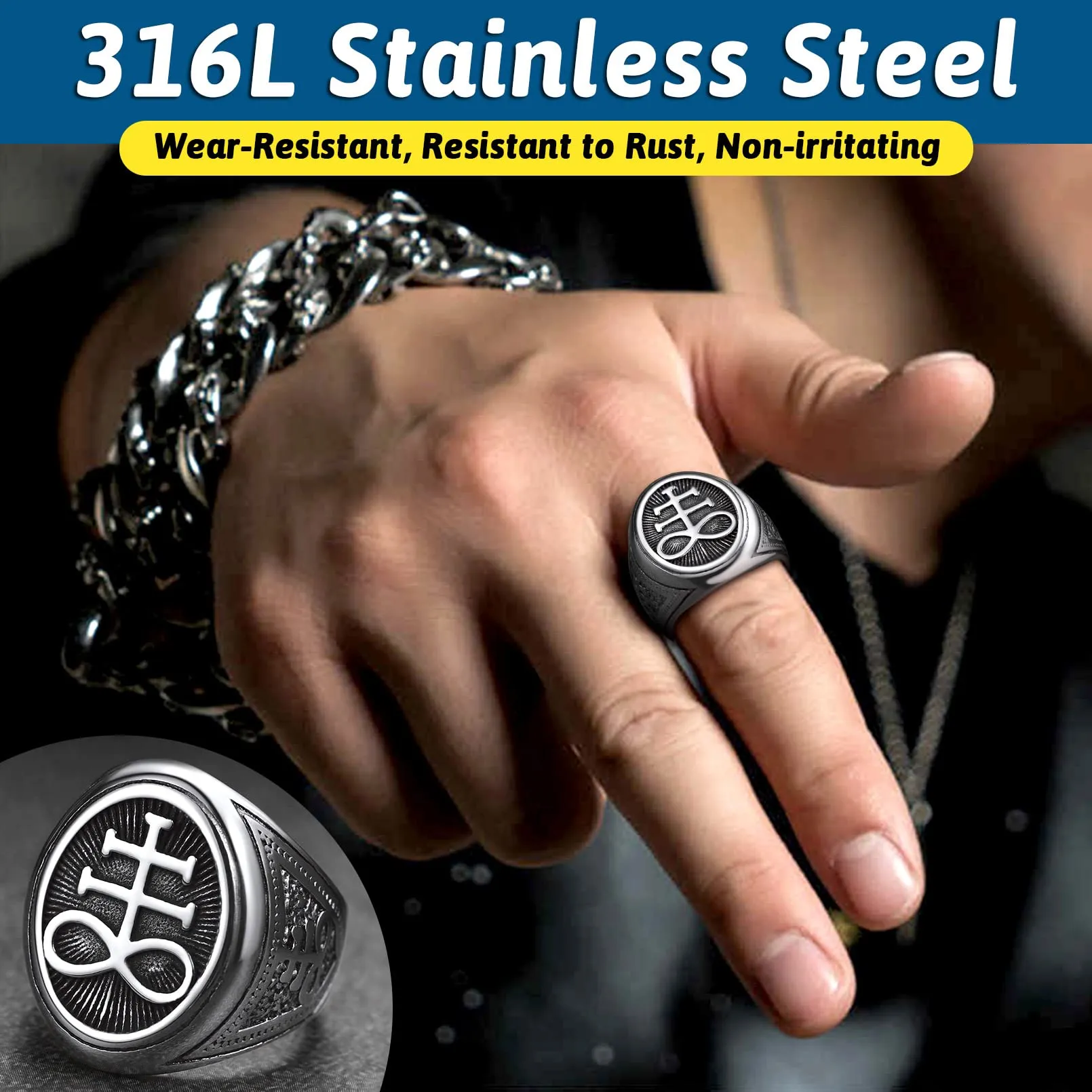 FaithHeart Anello Uomo Croce del Leviatano/Sigillo di Satana Anello Diavolo Personalizzato Punk Hiphop Rapper in Accaio Inox 316L Oro/Nero Placcato Gioielli Religiosi del Satanismo - immagine 3