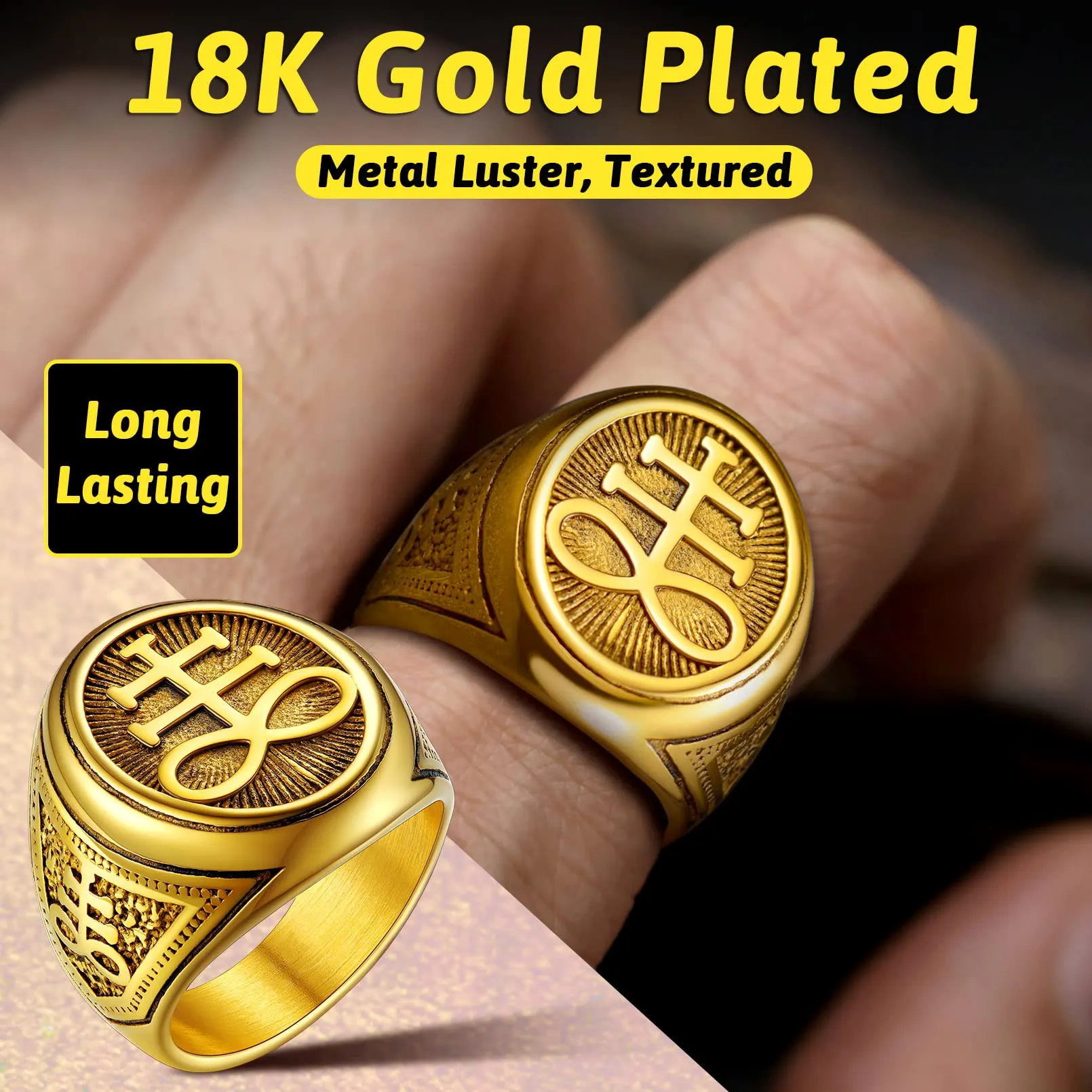 FaithHeart Anello Uomo Croce del Leviatano/Sigillo di Satana Anello Diavolo Personalizzato Punk Hiphop Rapper in Accaio Inox 316L Oro/Nero Placcato Gioielli Religiosi del Satanismo - immagine 2