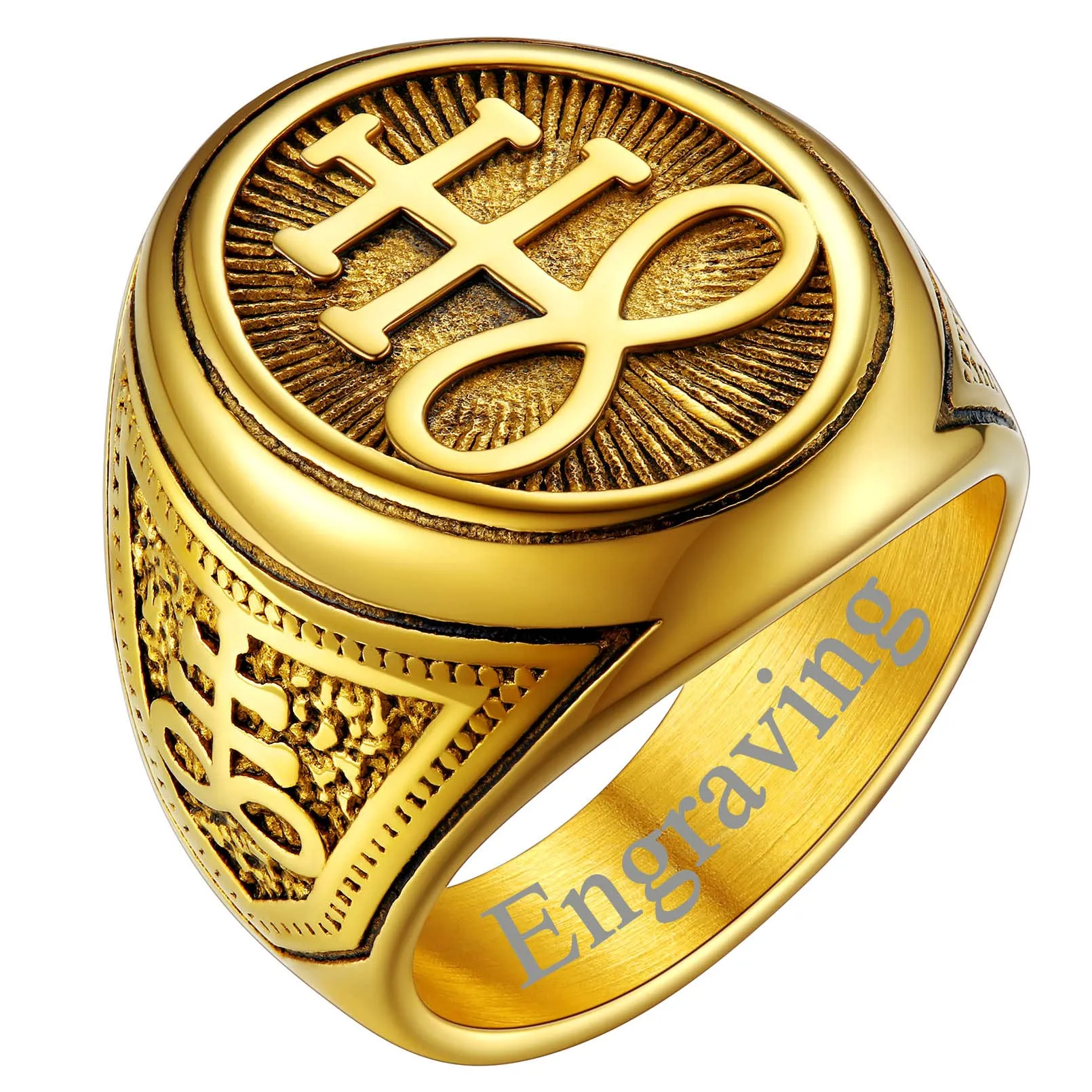 FaithHeart Anello Uomo Croce del Leviatano/Sigillo di Satana Anello Diavolo Personalizzato Punk Hiphop Rapper in Accaio Inox 316L Oro/Nero Placcato Gioielli Religiosi del Satanismo - immagine 1