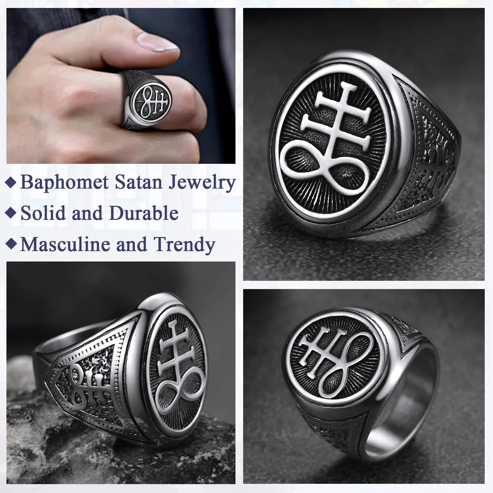 FaithHeart Anello Uomo Croce del Leviatano/Sigillo di Satana Anello Diavolo Personalizzato Punk Hiphop Rapper in Accaio Inox 316L Oro/Nero Placcato Gioielli Religiosi del Satanismo - immagine 2