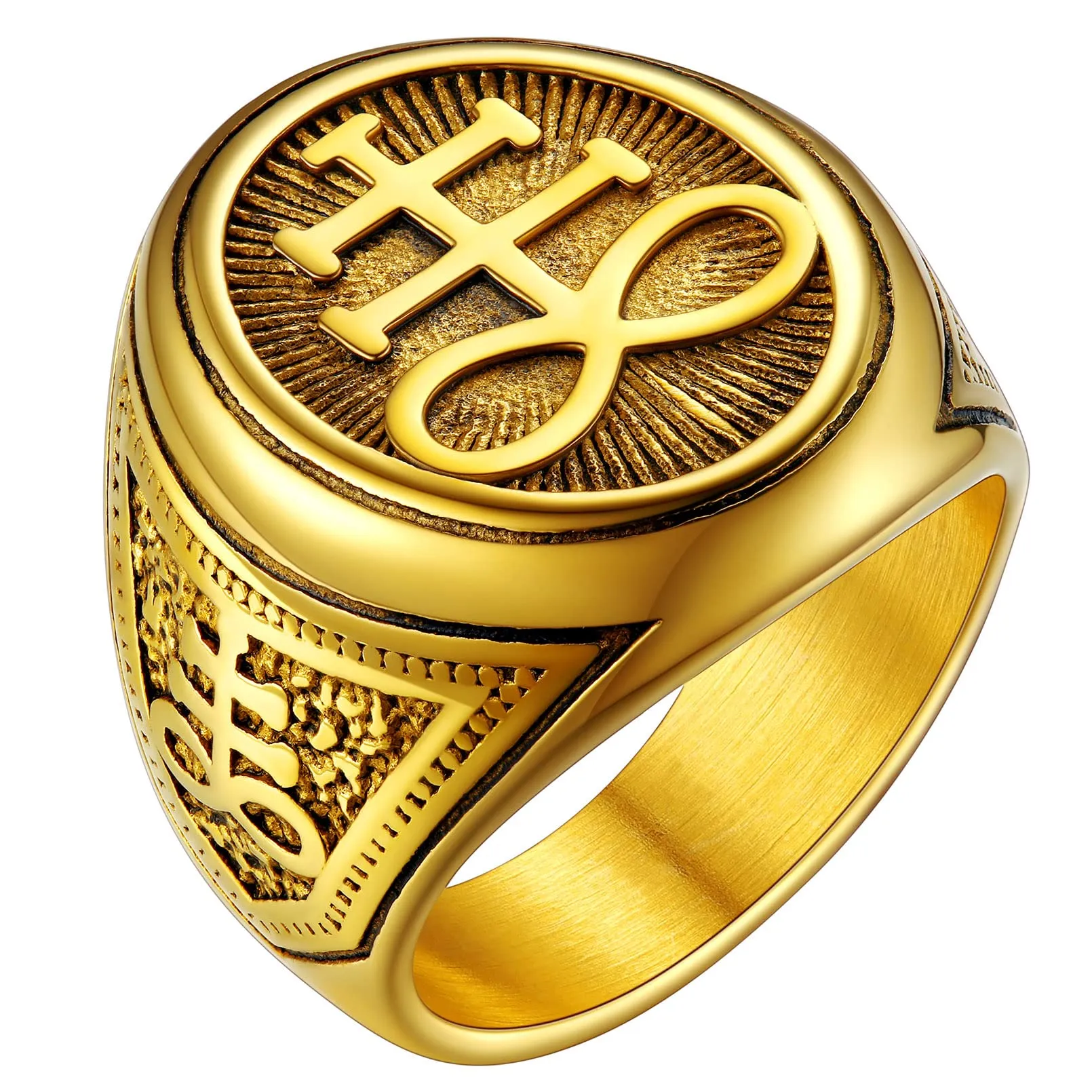 FaithHeart Anello Uomo Croce del Leviatano/Sigillo di Satana Anello Diavolo Personalizzato Punk Hiphop Rapper in Accaio Inox 316L Oro/Nero Placcato Gioielli Religiosi del Satanismo - immagine 1