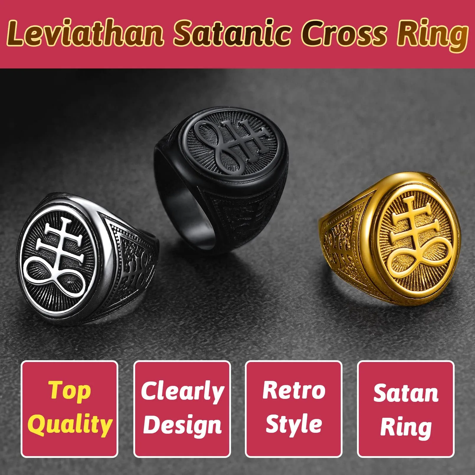 FaithHeart Anello Uomo Croce del Leviatano/Sigillo di Satana Anello Diavolo Personalizzato Punk Hiphop Rapper in Accaio Inox 316L Oro/Nero Placcato Gioielli Religiosi del Satanismo - immagine 6