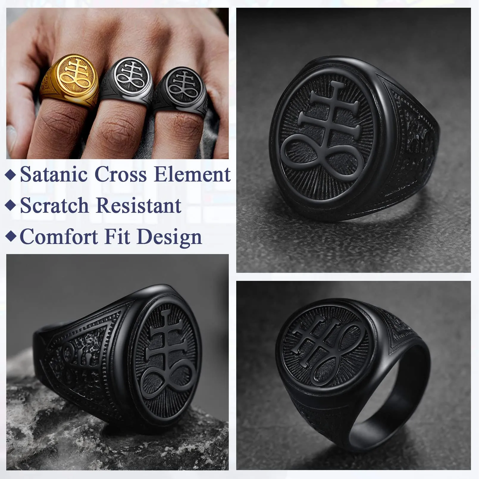 FaithHeart Anello Uomo Croce del Leviatano/Sigillo di Satana Anello Diavolo Personalizzato Punk Hiphop Rapper in Accaio Inox 316L Oro/Nero Placcato Gioielli Religiosi del Satanismo - immagine 4