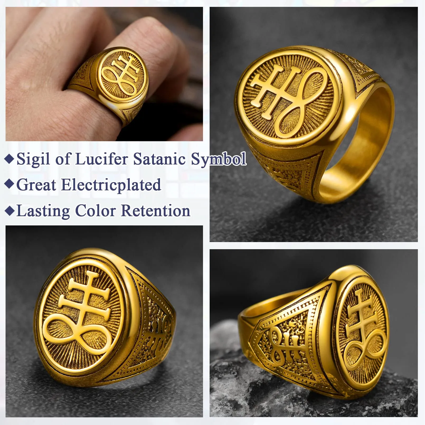 FaithHeart Anello Uomo Croce del Leviatano/Sigillo di Satana Anello Diavolo Personalizzato Punk Hiphop Rapper in Accaio Inox 316L Oro/Nero Placcato Gioielli Religiosi del Satanismo - immagine 4