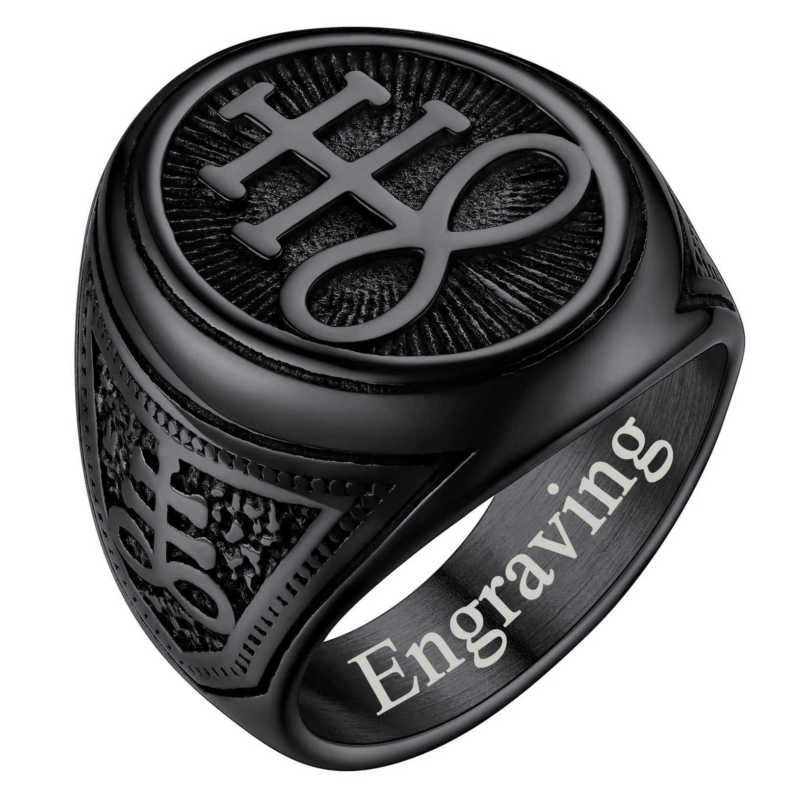 FaithHeart Anello Uomo Croce del Leviatano/Sigillo di Satana Anello Diavolo Personalizzato Punk Hiphop Rapper in Accaio Inox 316L Oro/Nero Placcato Gioielli Religiosi del Satanismo - immagine 1