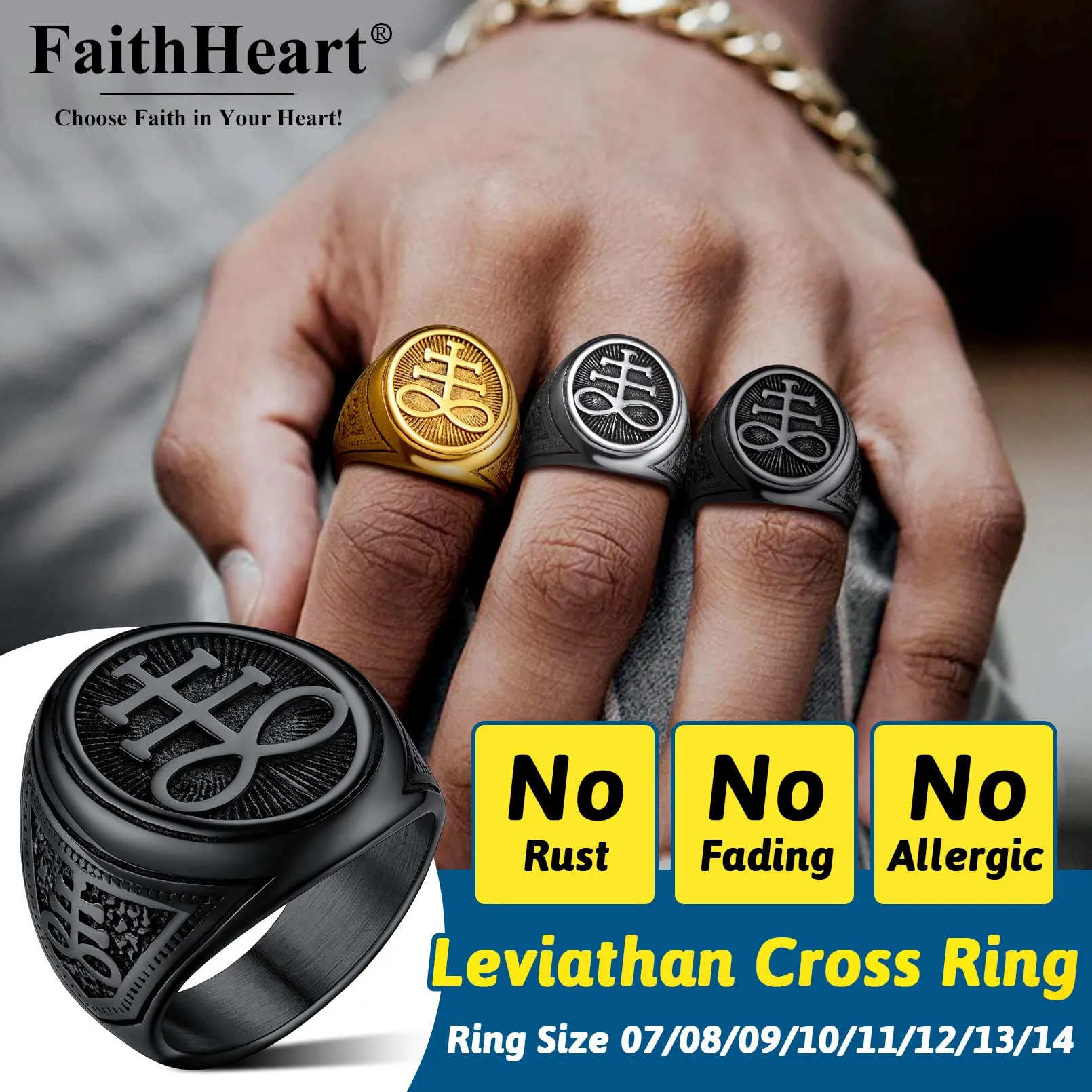 FaithHeart Anello Uomo Croce del Leviatano/Sigillo di Satana Anello Diavolo Personalizzato Punk Hiphop Rapper in Accaio Inox 316L Oro/Nero Placcato Gioielli Religiosi del Satanismo - immagine 2