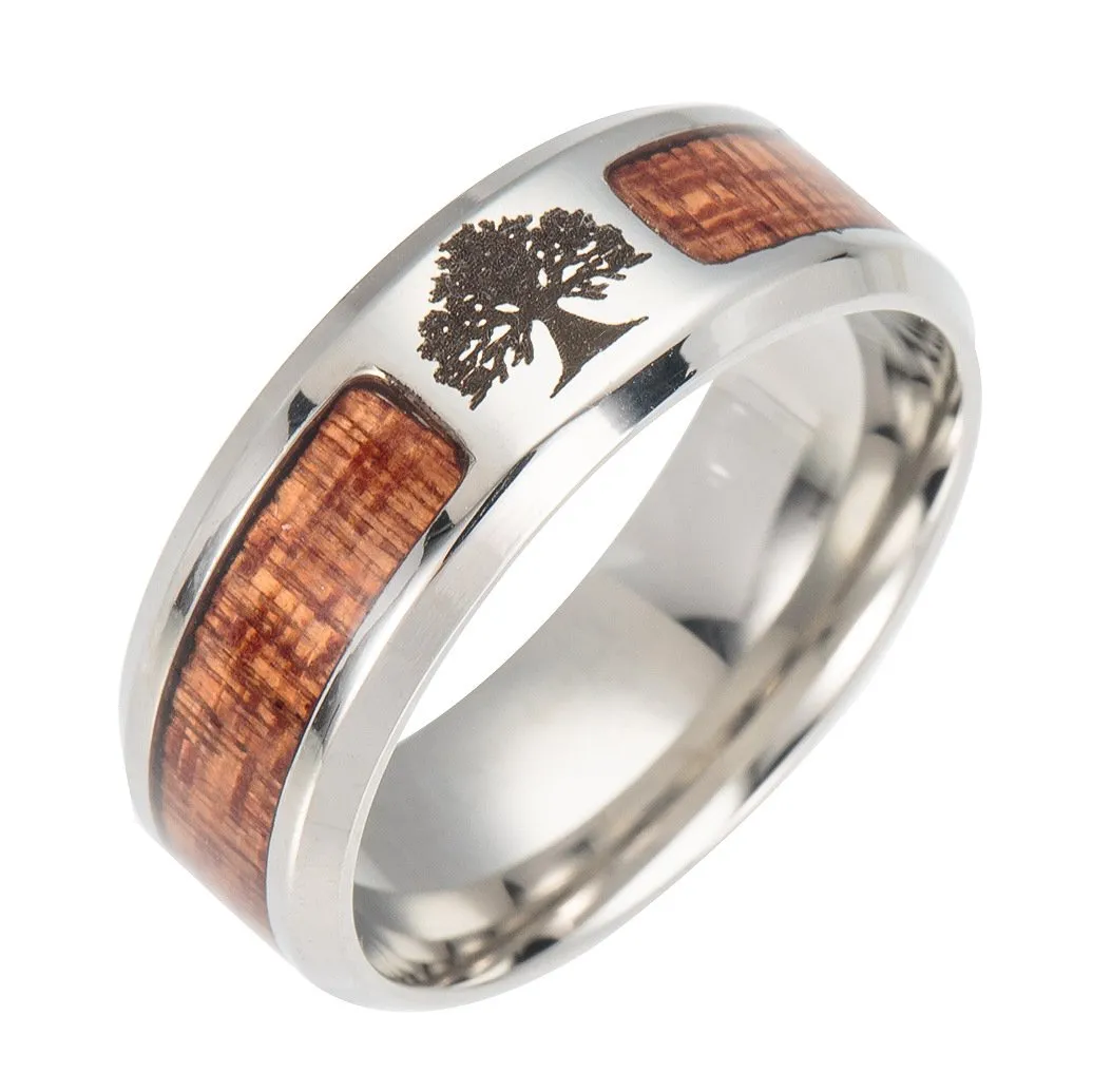 PAMTIER Anello da Uomo con Albero della Vita da 8mm Anello a Fascia in Acciaio Inossidabile Intarsiato in Legno Misura 12 - immagine 1