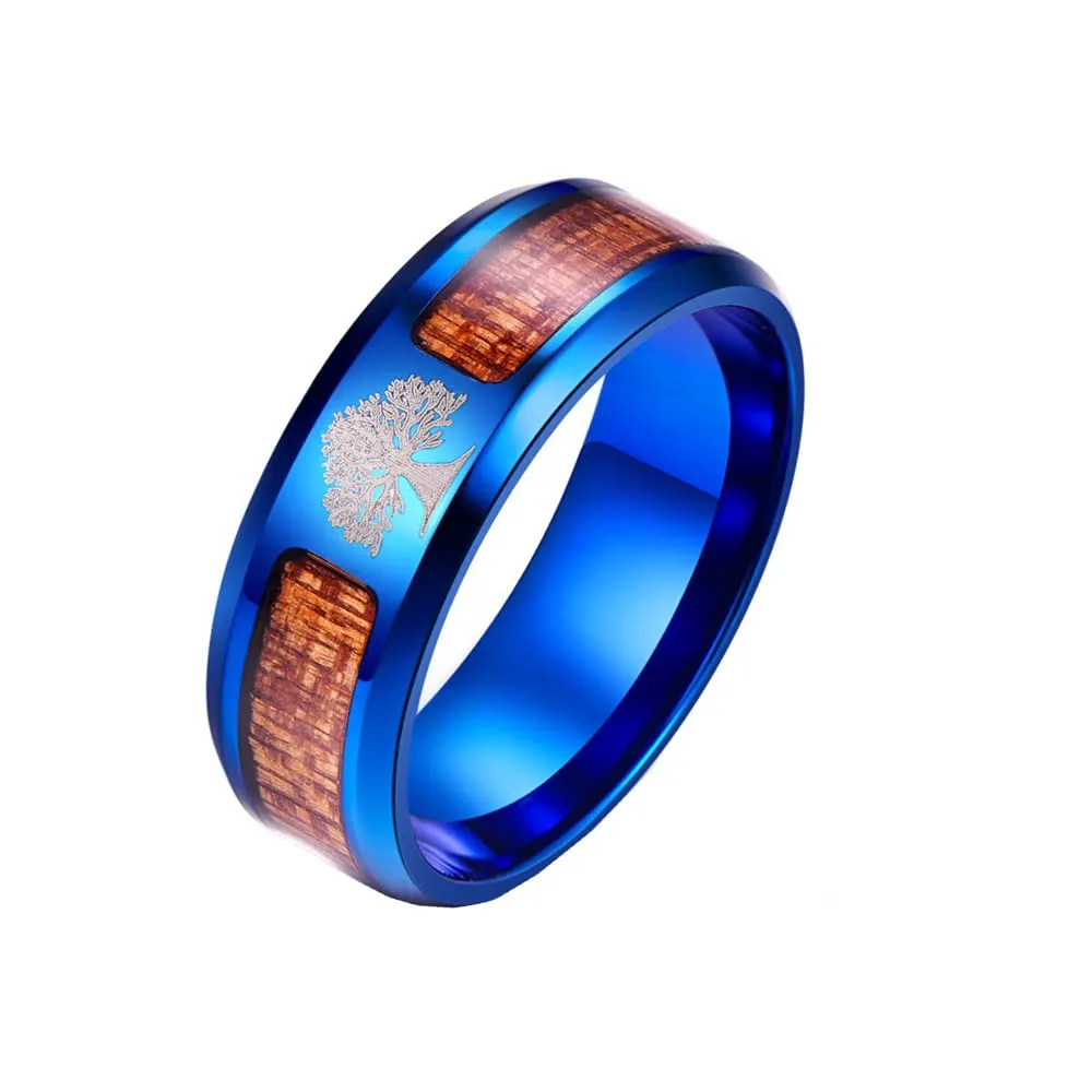 PAMTIER Anello da Uomo con Albero della Vita da 8mm Anello a Fascia in Acciaio Inossidabile Intarsiato in Legno Blu Misura 14 - immagine 1