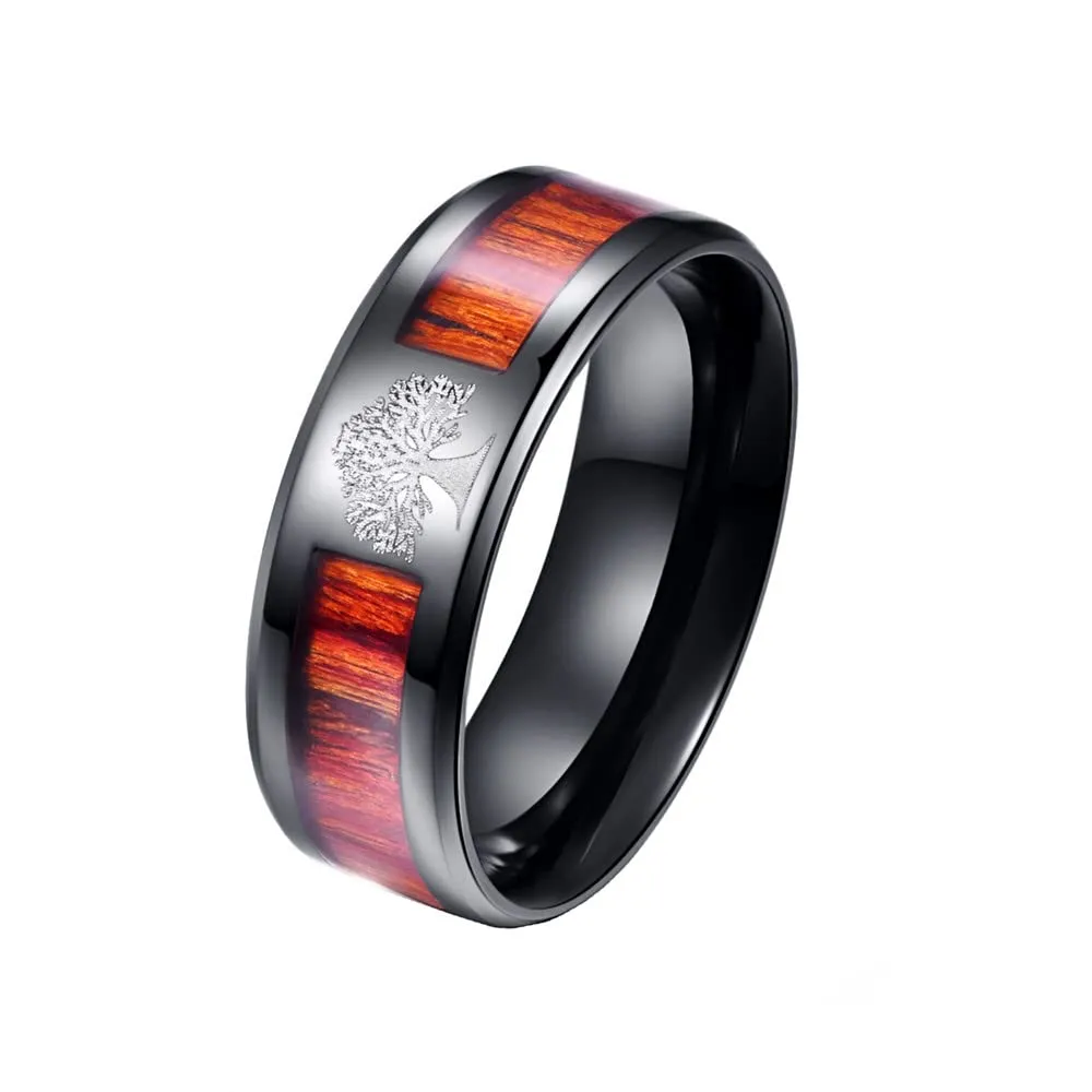 PAMTIER Anello da Uomo con Albero della Vita da 8mm Anello a Fascia in Acciaio Inossidabile Intarsiato in Legno Nero Misura 17 - immagine 1