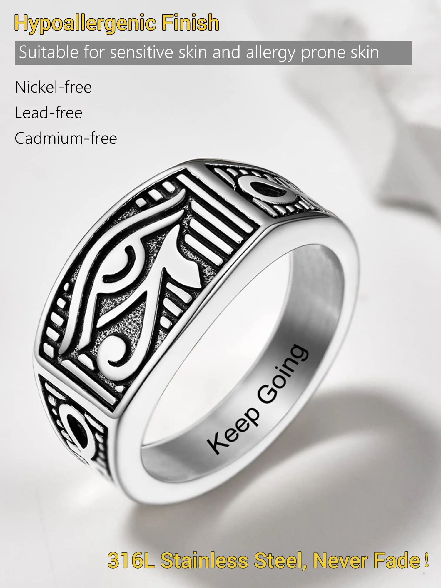 PROSTEEL Anello da uomo Personalizzabile con occhio di Ra Horus, anello con croce Ankh, gioielli egiziani, in acciaio inossidabile/placcato oro/nero, Taglia 14.5/17/19.75/22.25/25/27.5/30/32.5 - immagine 4