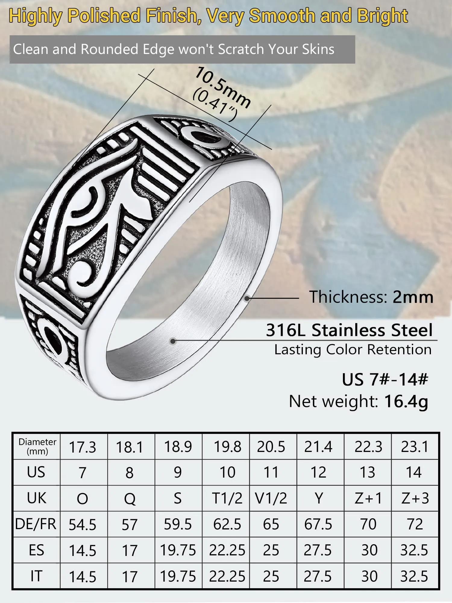 PROSTEEL Anello da uomo Personalizzabile con occhio di Ra Horus, anello con croce Ankh, gioielli egiziani, in acciaio inossidabile/placcato oro/nero, Taglia 14.5/17/19.75/22.25/25/27.5/30/32.5 - immagine 6