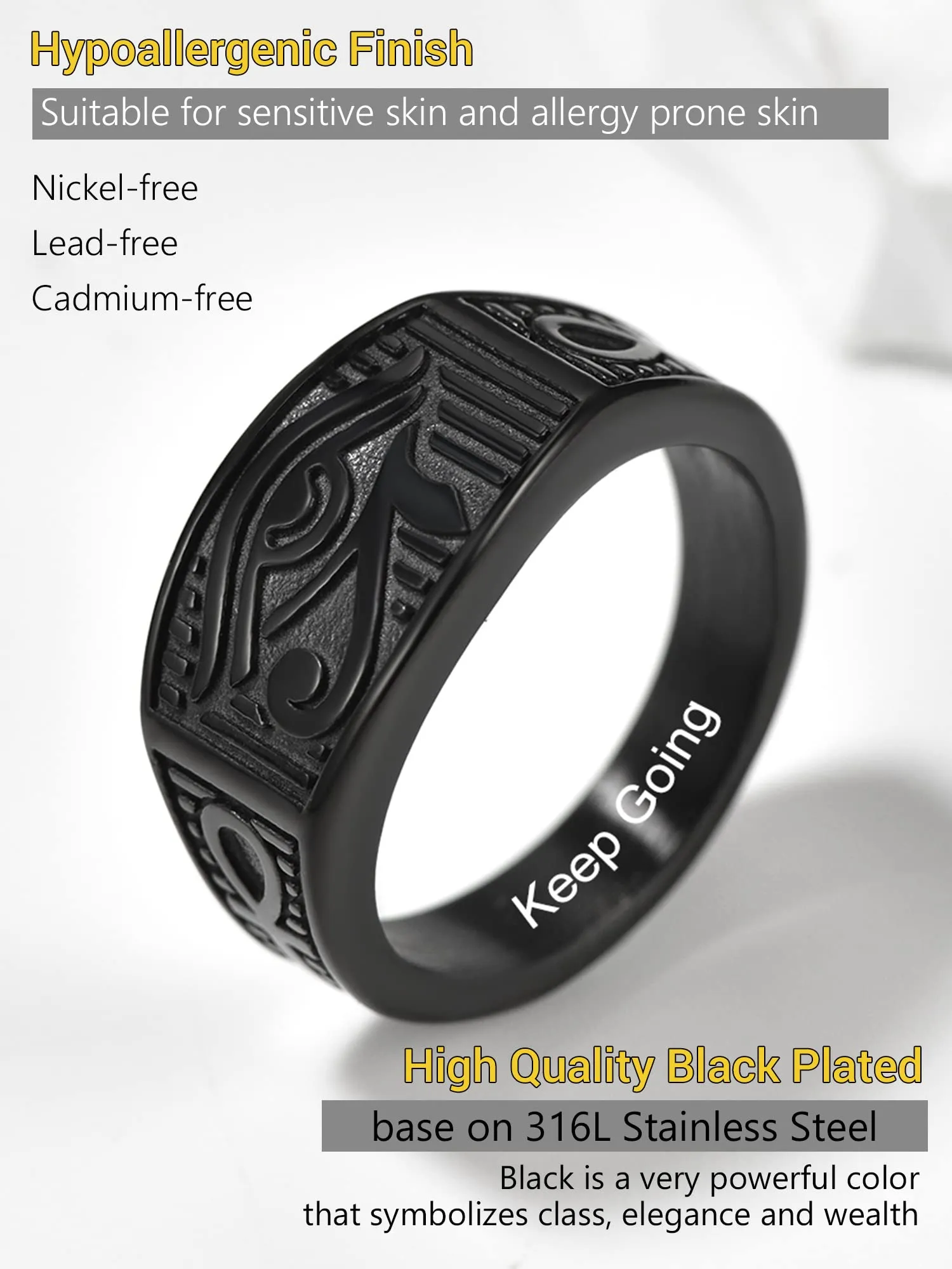PROSTEEL Anello da uomo Personalizzabile con occhio di Ra Horus, anello con croce Ankh, gioielli egiziani, in acciaio inossidabile/placcato oro/nero, Taglia 14.5/17/19.75/22.25/25/27.5/30/32.5 - immagine 4