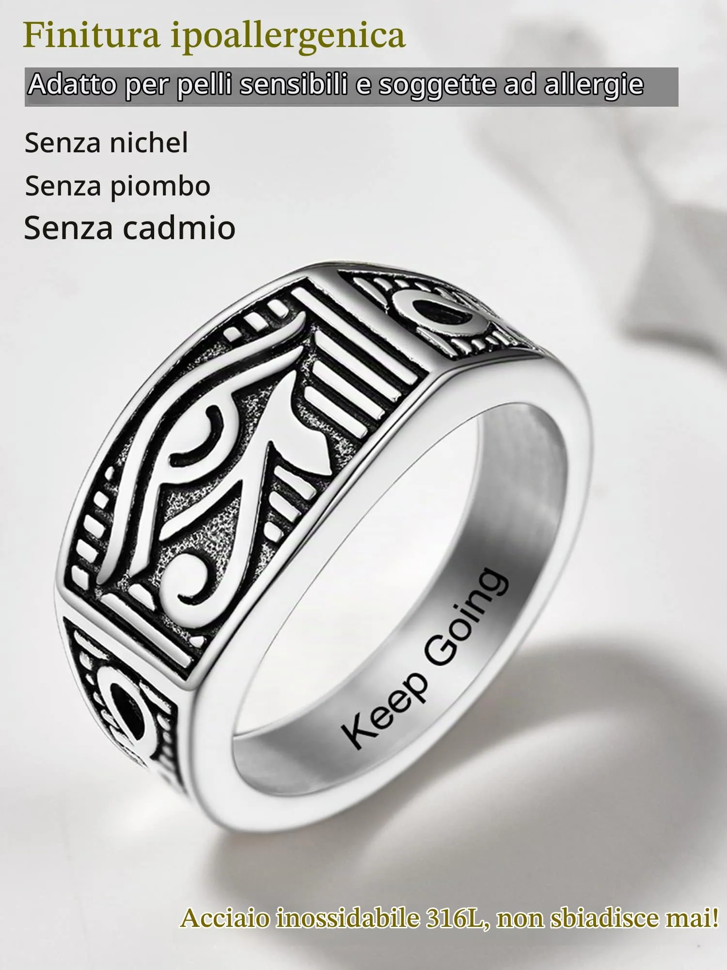 PROSTEEL Anello da uomo Personalizzabile con occhio di Ra Horus, anello con croce Ankh, gioielli egiziani, in acciaio inossidabile/placcato oro/nero, Taglia 14.5/17/19.75/22.25/25/27.5/30/32.5 - immagine 4