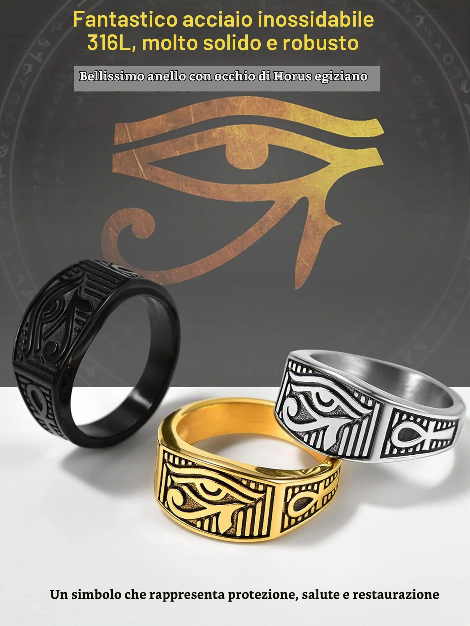PROSTEEL Anello da uomo Personalizzabile con occhio di Ra Horus, anello con croce Ankh, gioielli egiziani, in acciaio inossidabile/placcato oro/nero, Taglia 14.5/17/19.75/22.25/25/27.5/30/32.5 - immagine 7